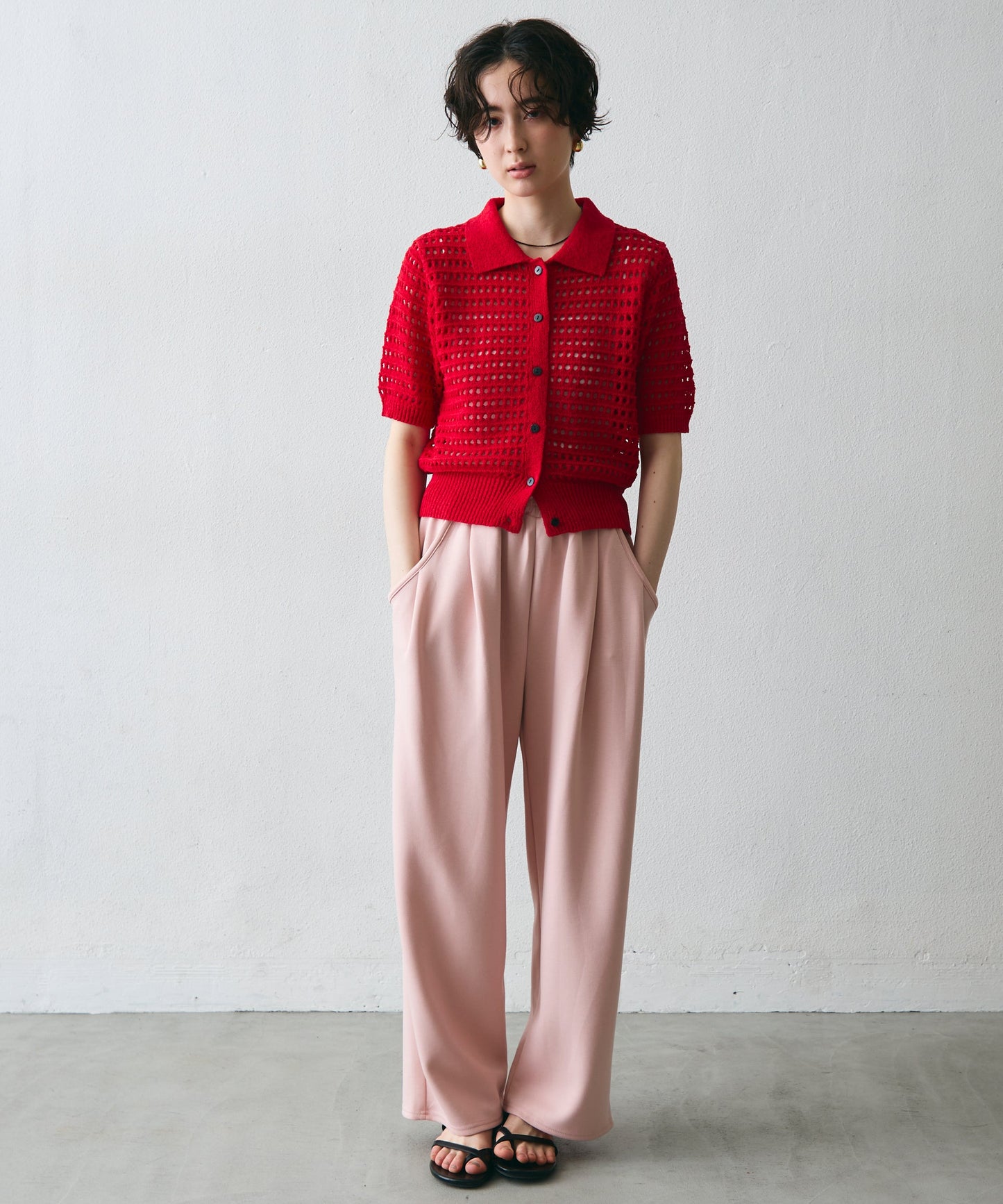 透かし編み衿付きニットカーディガン