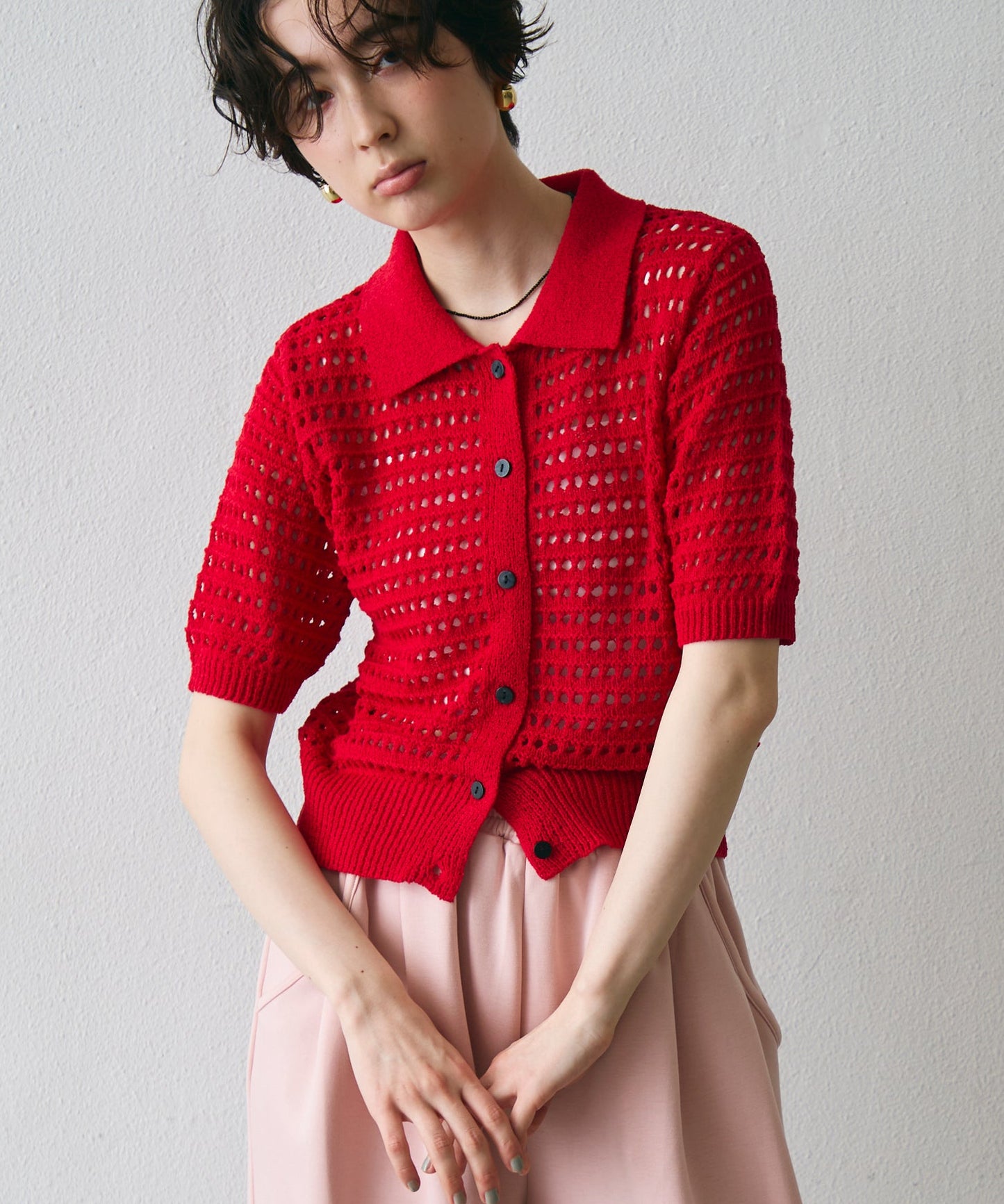 透かし編み衿付きニットカーディガン