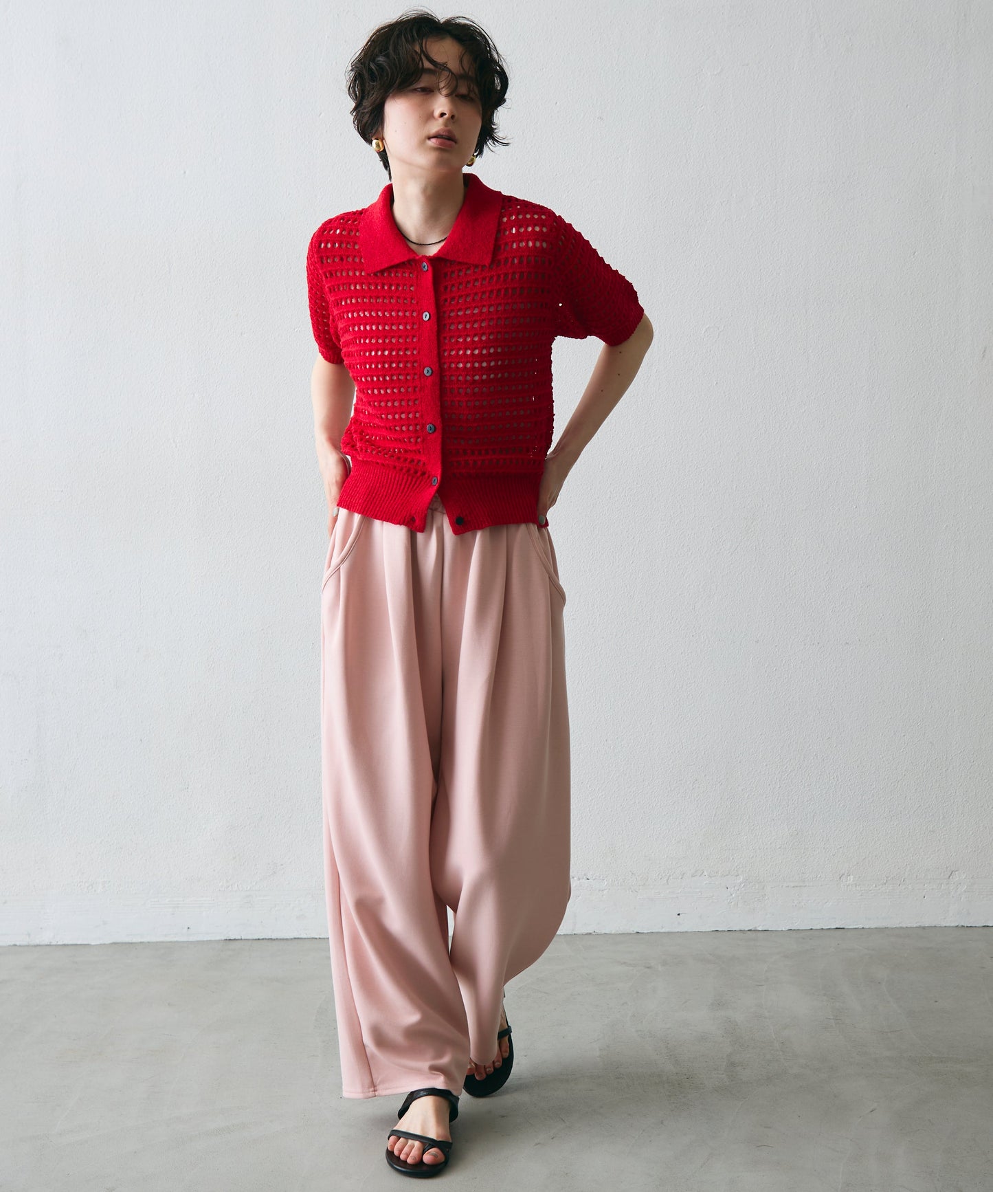 透かし編み衿付きニットカーディガン