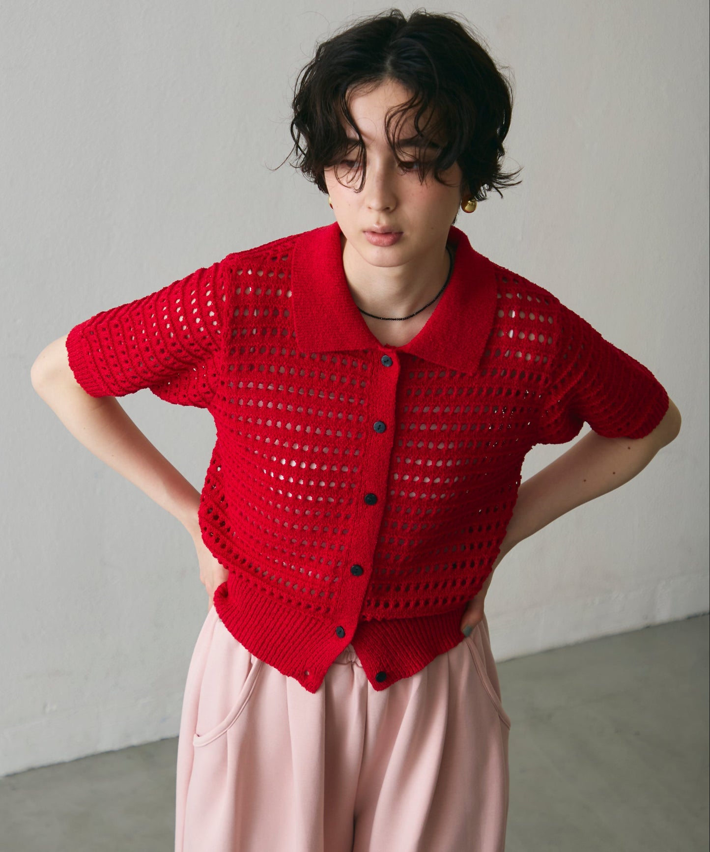 透かし編み衿付きニットカーディガン