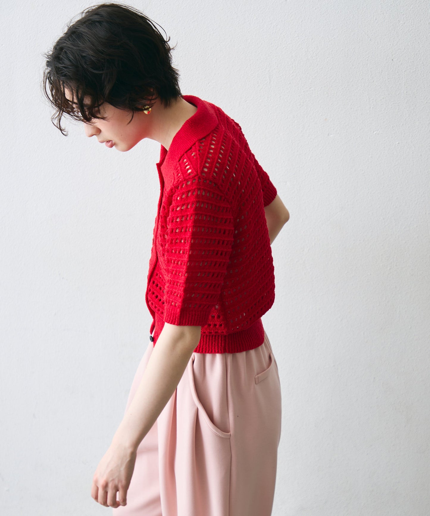 透かし編み衿付きニットカーディガン