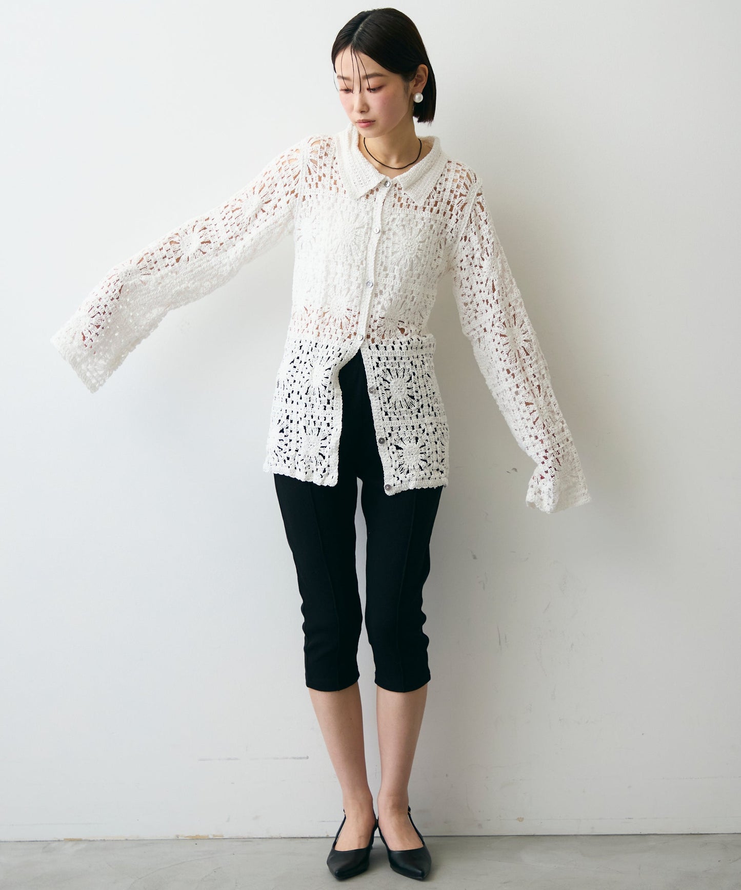 かぎ針ポロ衿ロングカーデ