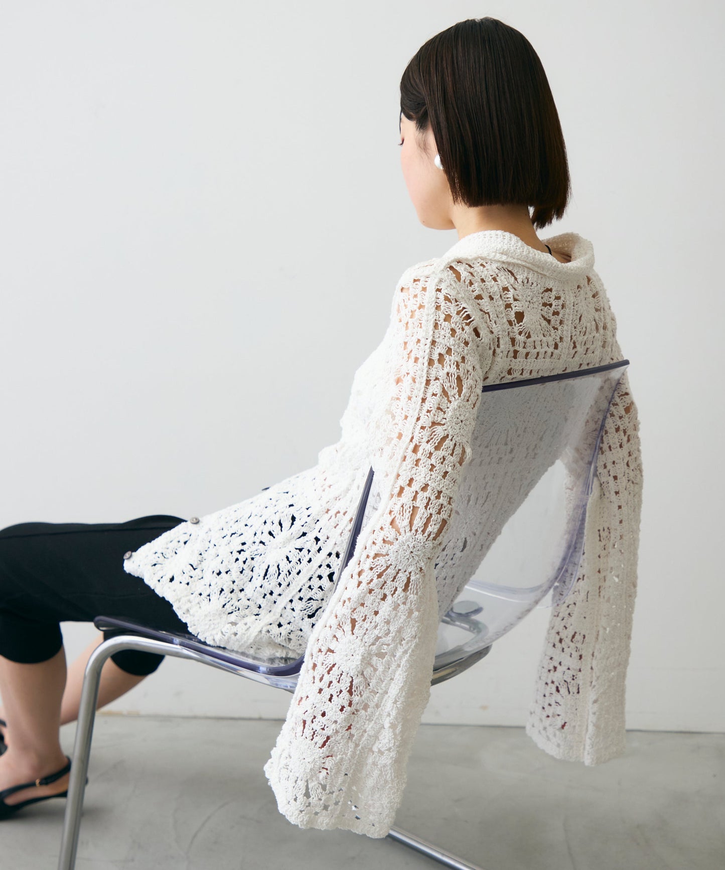 かぎ針ポロ衿ロングカーデ