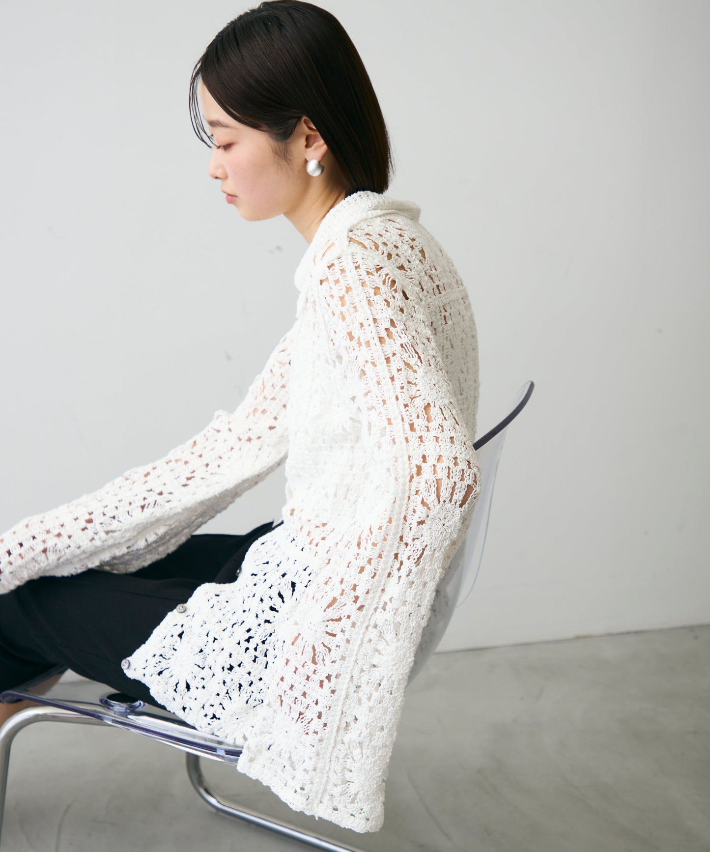 かぎ針ポロ衿ロングカーデ