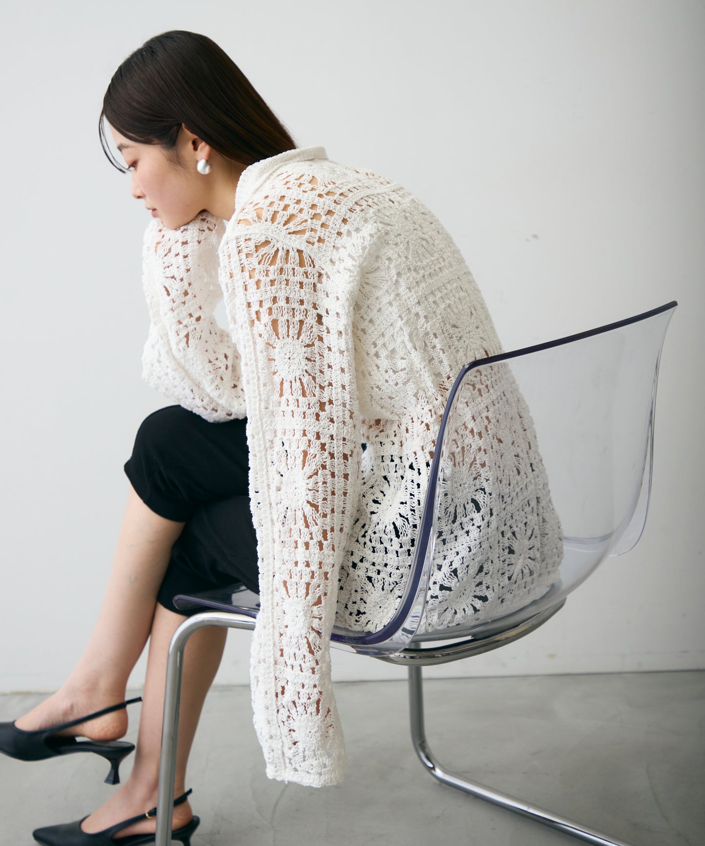 かぎ針ポロ衿ロングカーデ