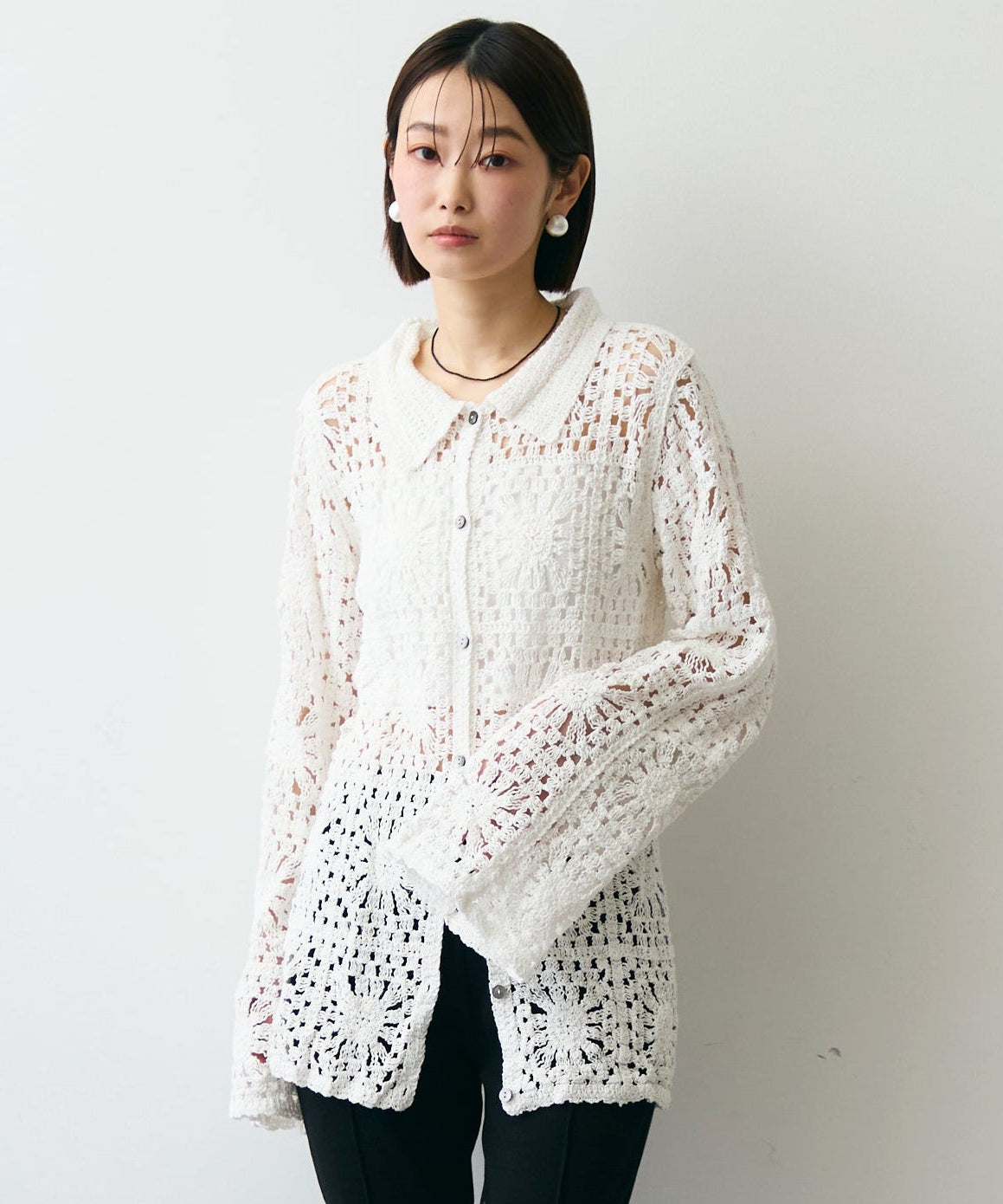 かぎ針ポロ衿ロングカーデ
