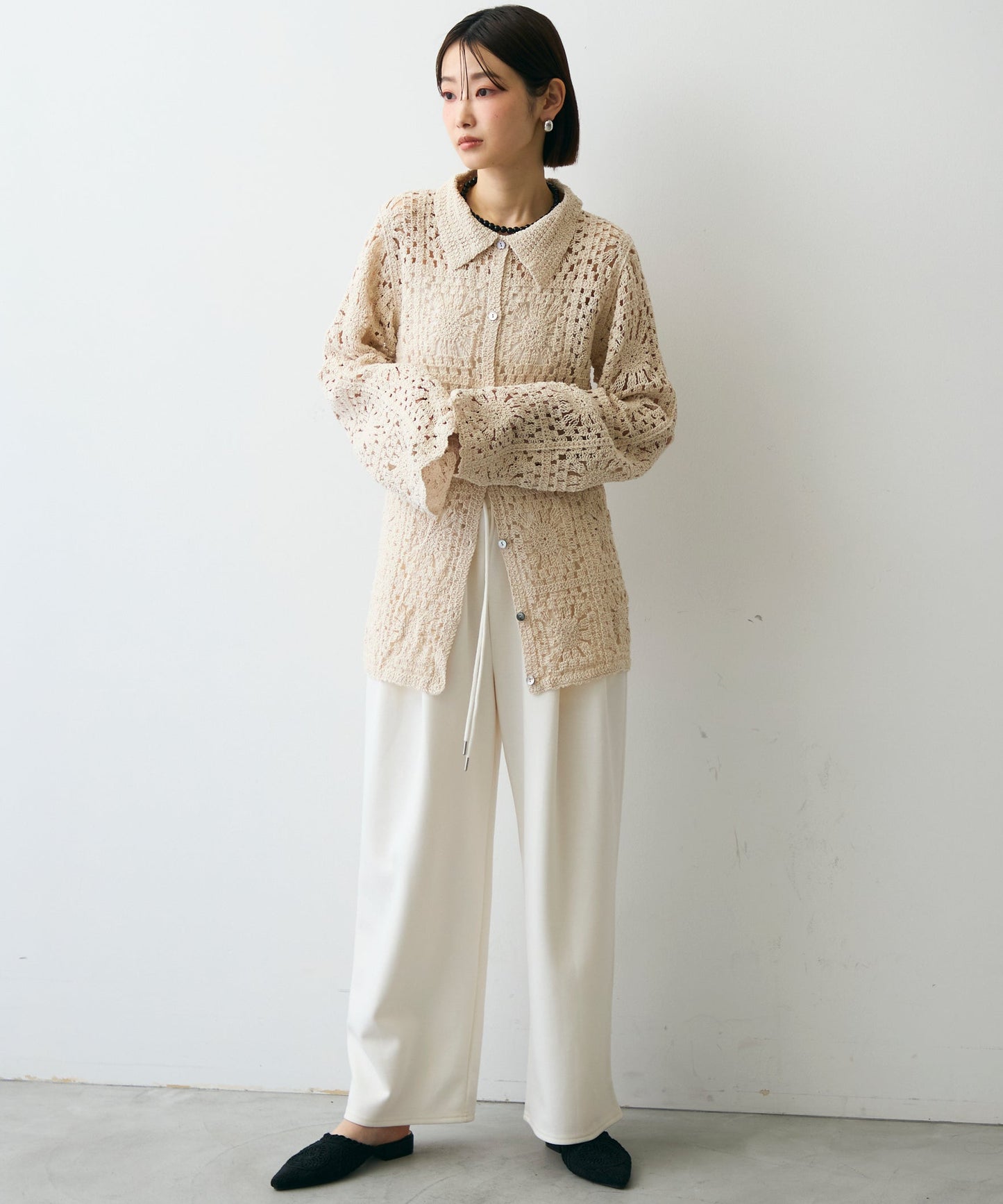 かぎ針ポロ衿ロングカーデ