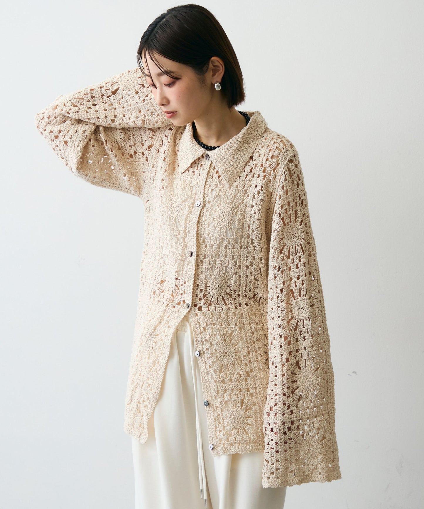 かぎ針ポロ衿ロングカーデ