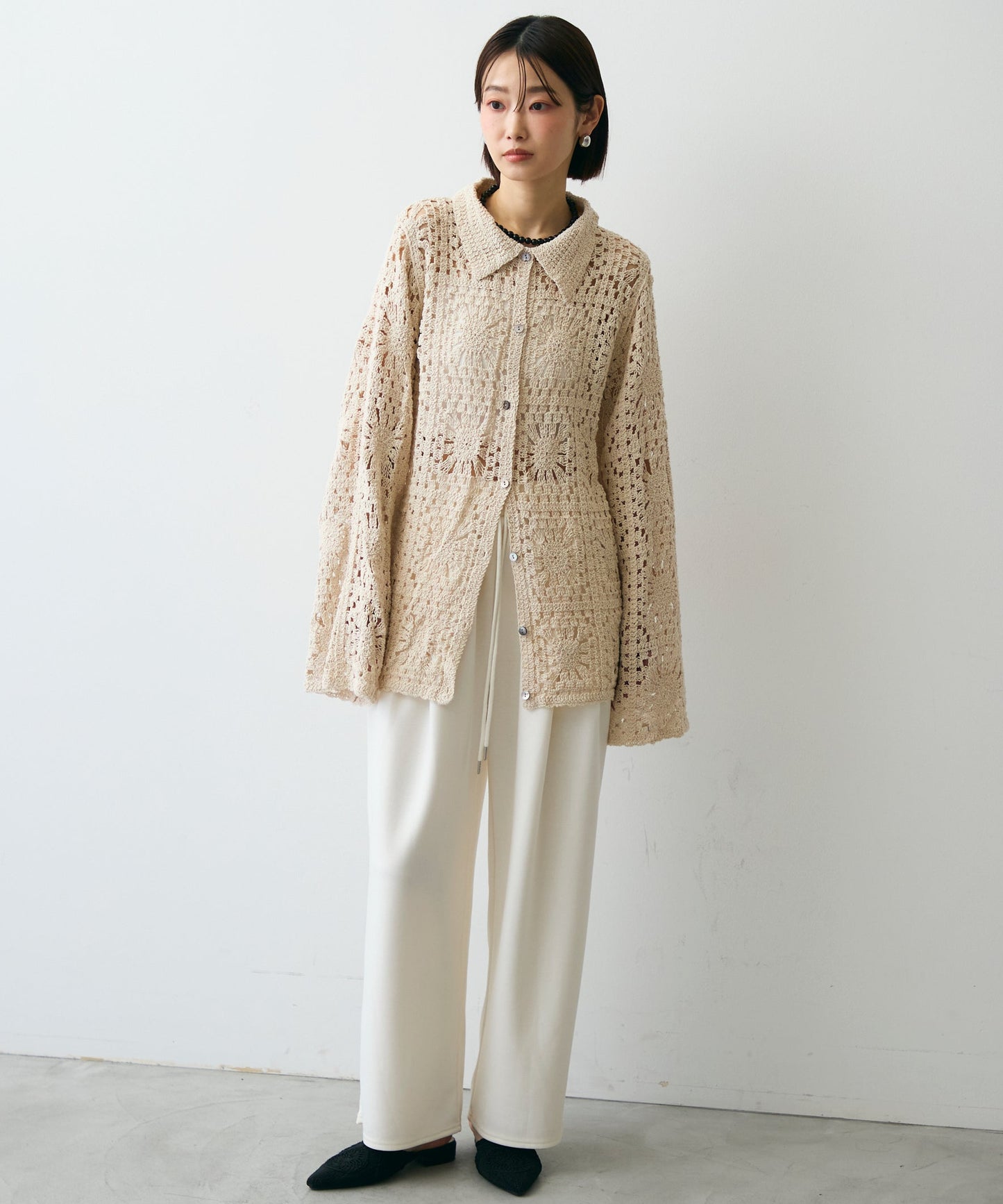 かぎ針ポロ衿ロングカーデ