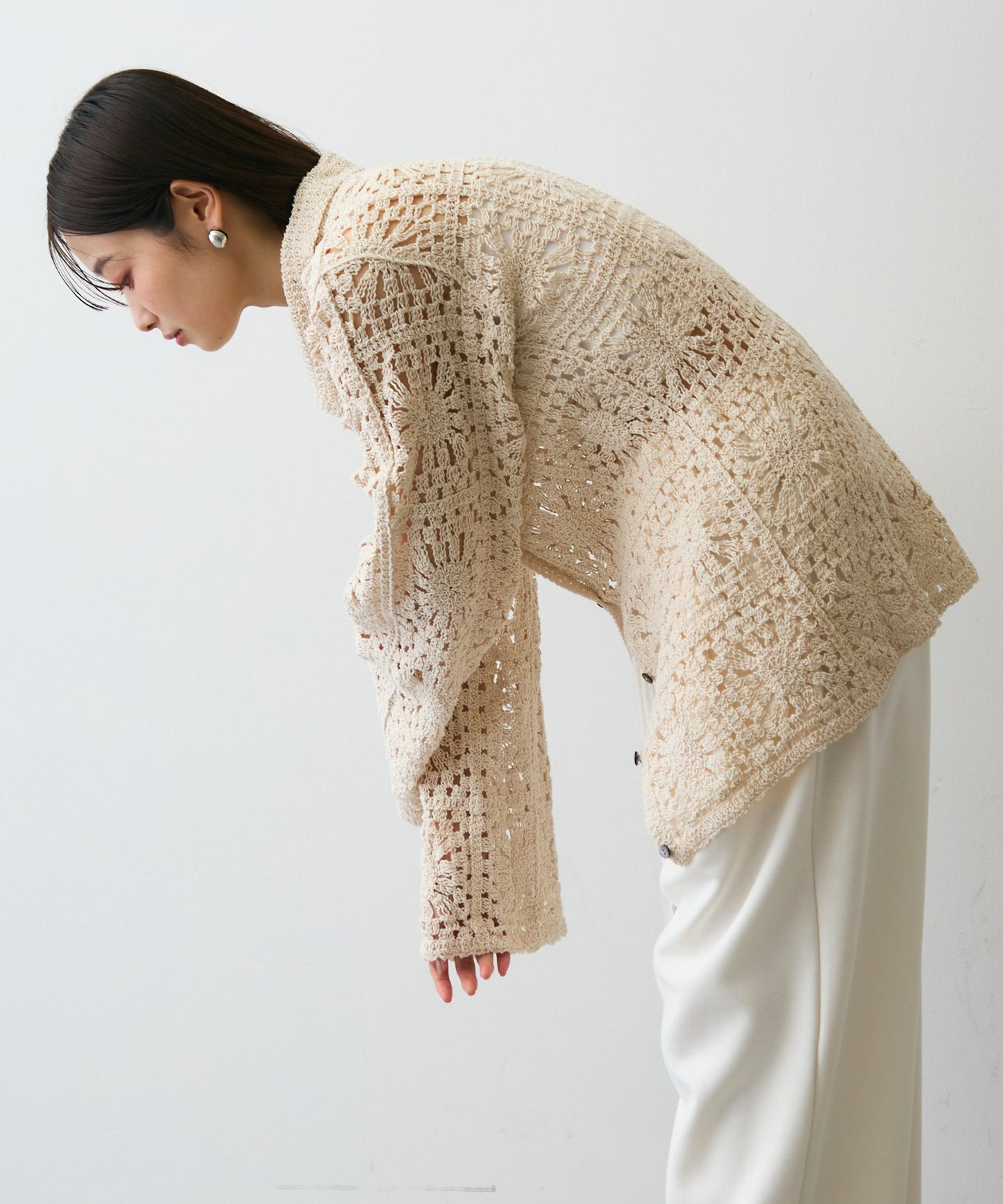 かぎ針ポロ衿ロングカーデ