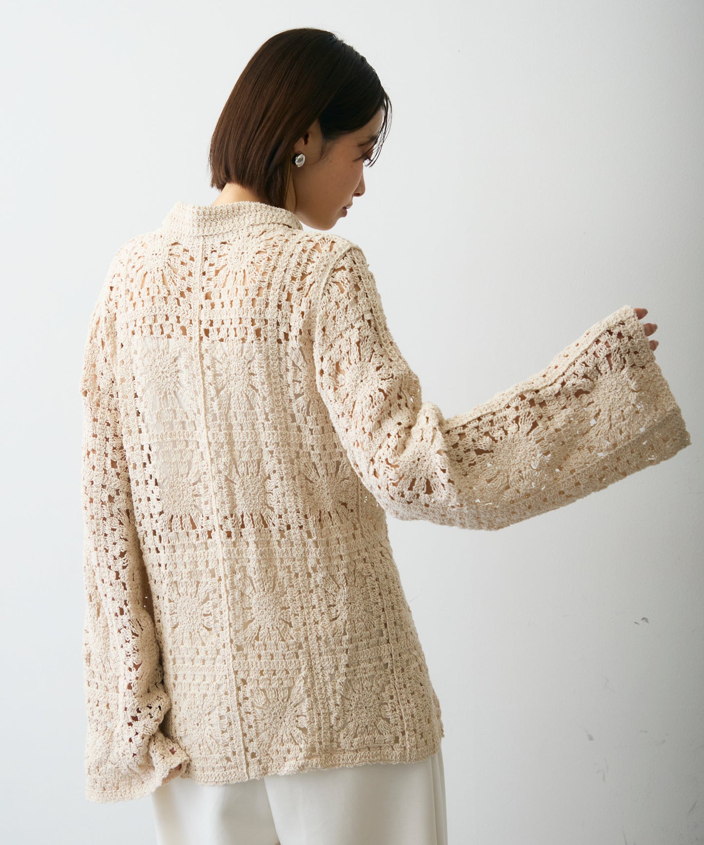 かぎ針ポロ衿ロングカーデ