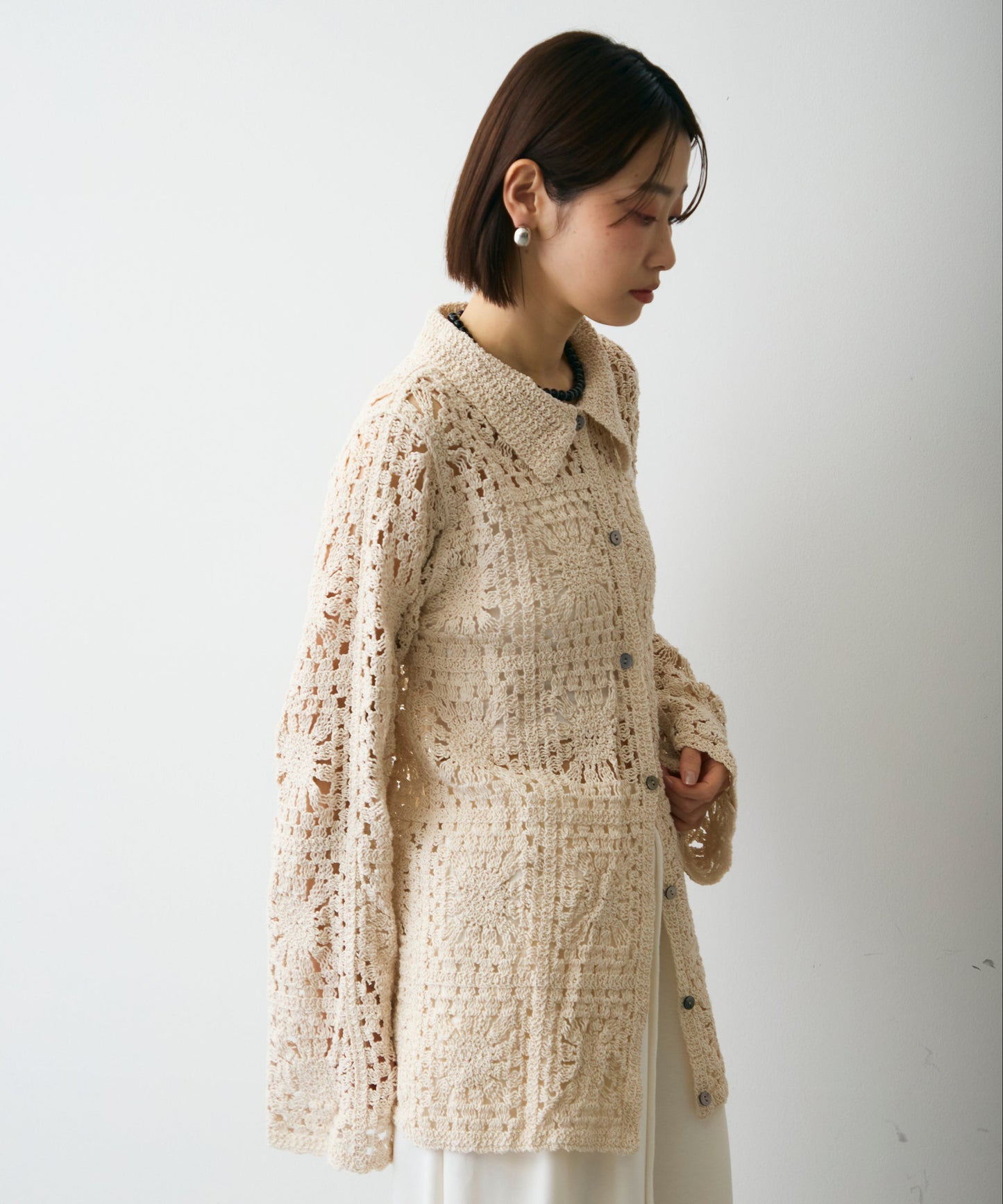 かぎ針ポロ衿ロングカーデ