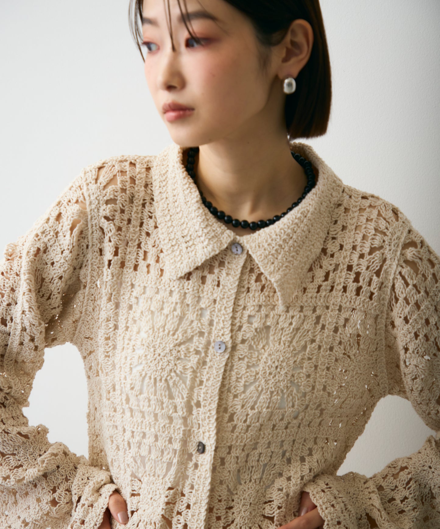 かぎ針ポロ衿ロングカーデ