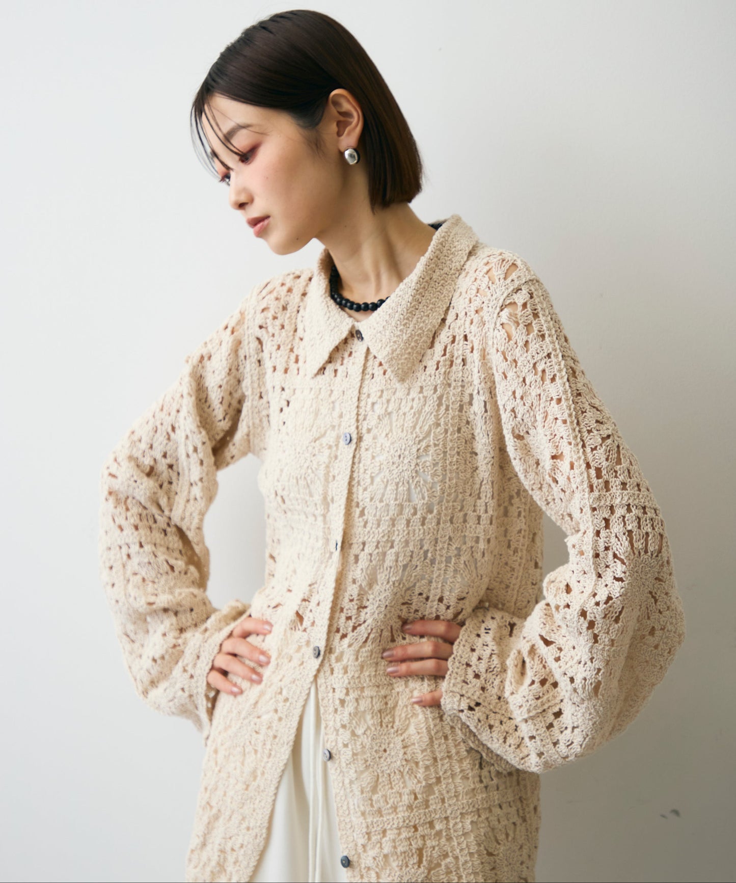 かぎ針ポロ衿ロングカーデ