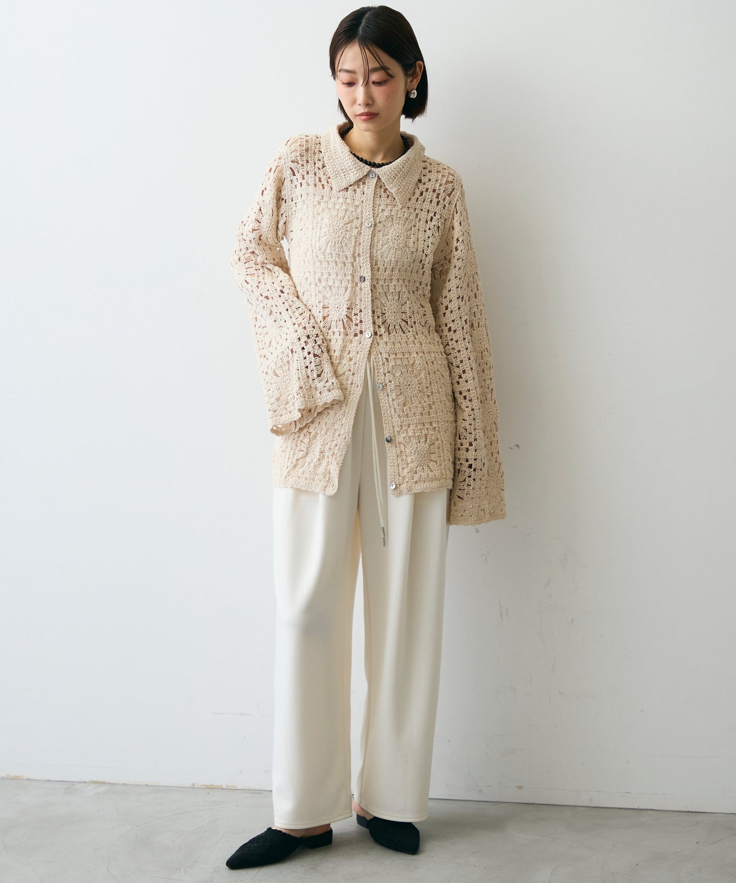 かぎ針ポロ衿ロングカーデ