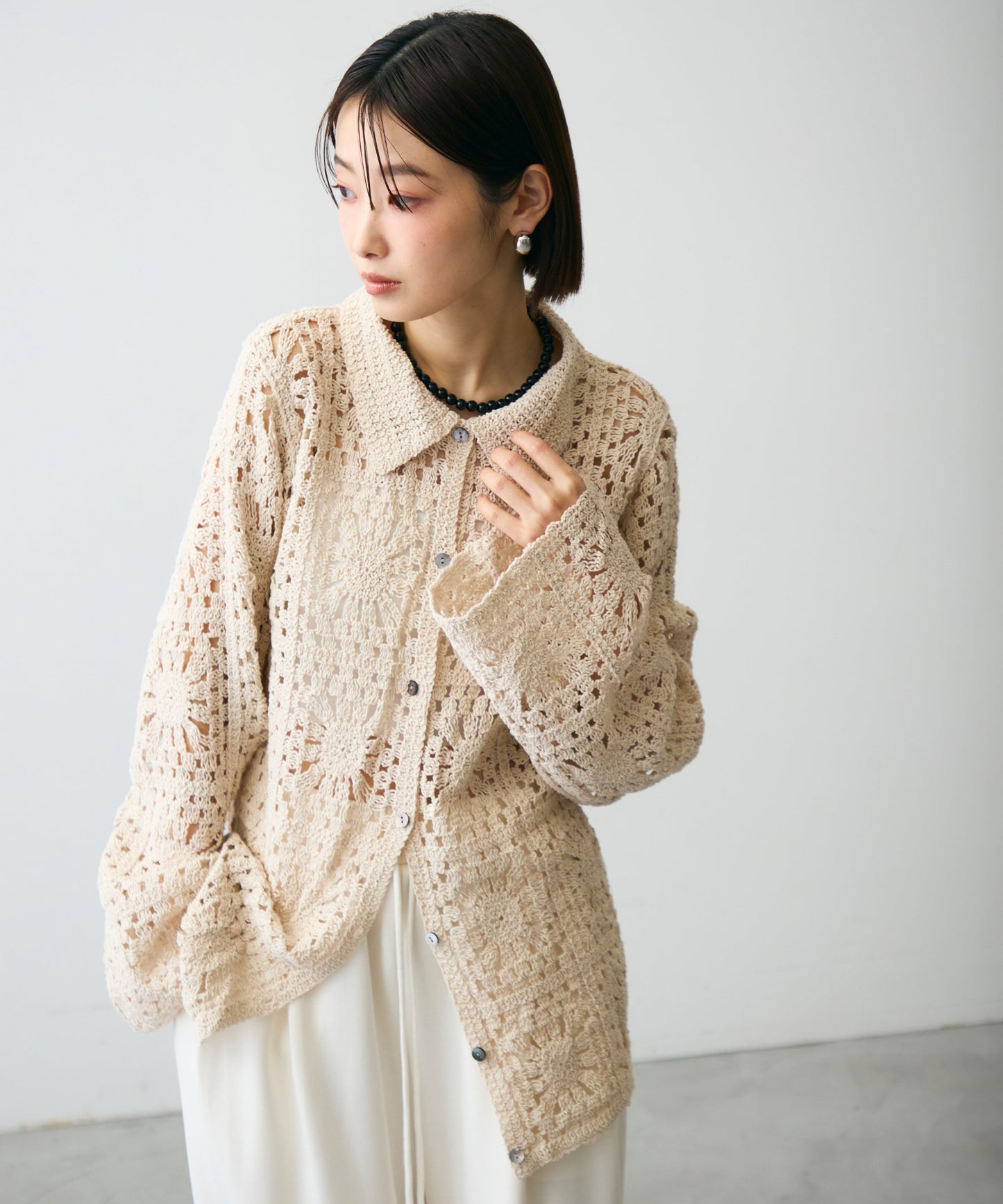 かぎ針ポロ衿ロングカーデ