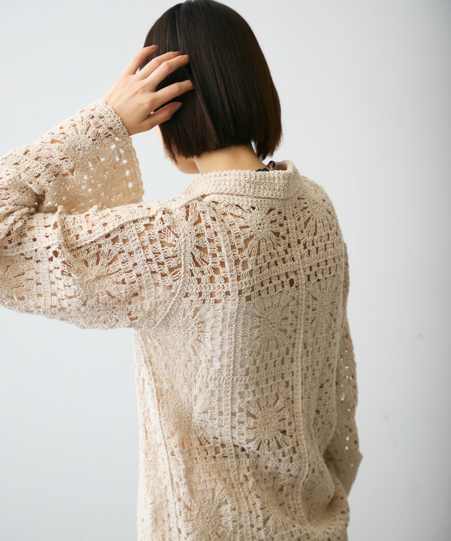 かぎ針ポロ衿ロングカーデ