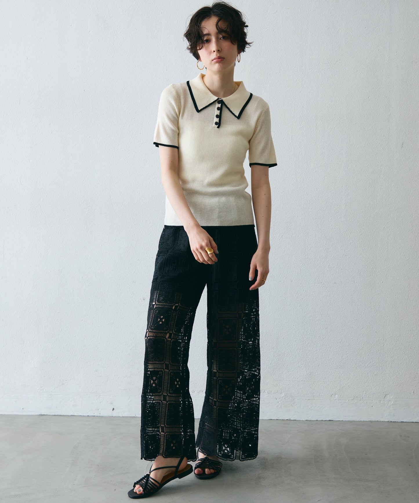 ポロ衿配色トリミング半袖ニット