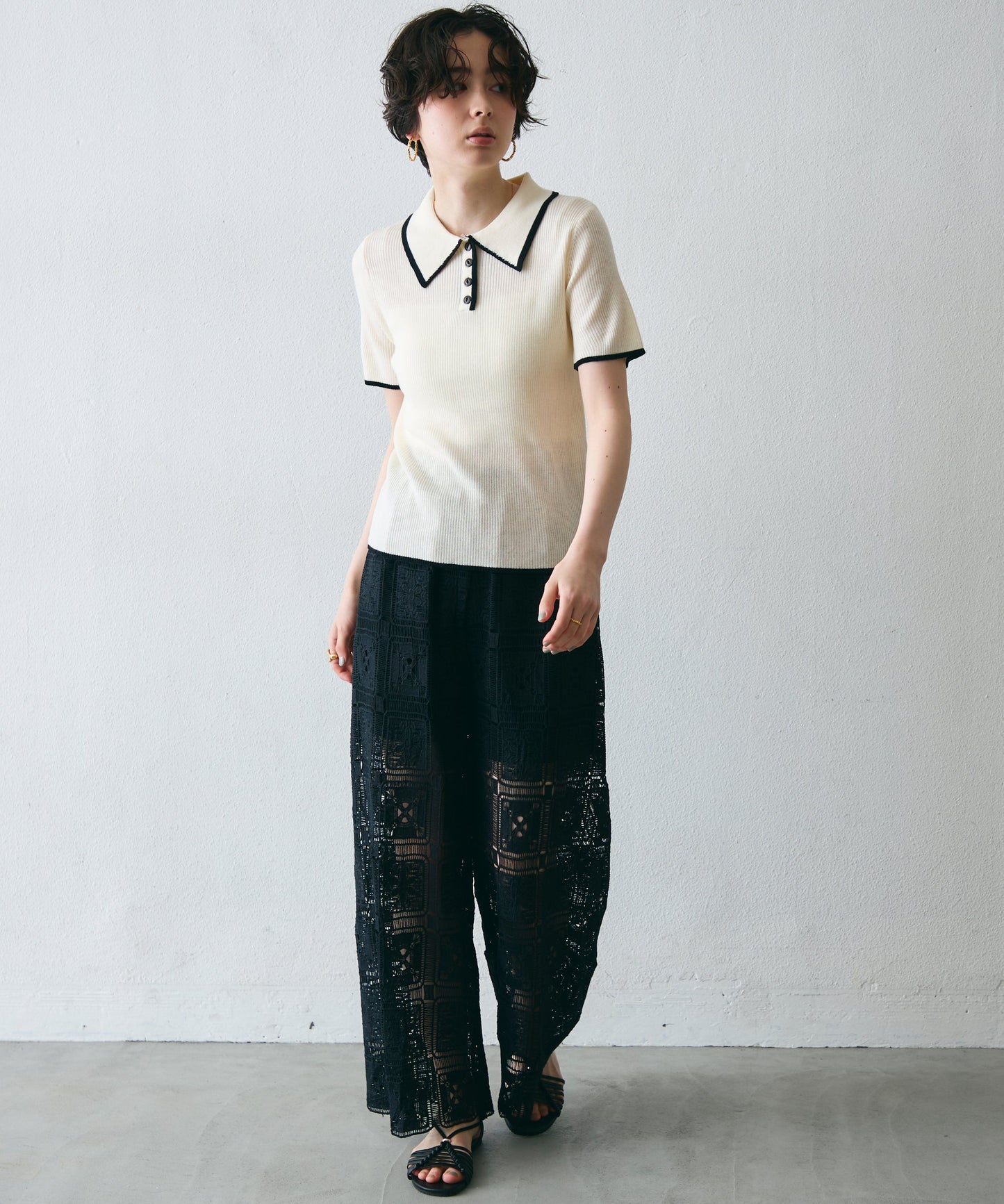 ポロ衿配色トリミング半袖ニット