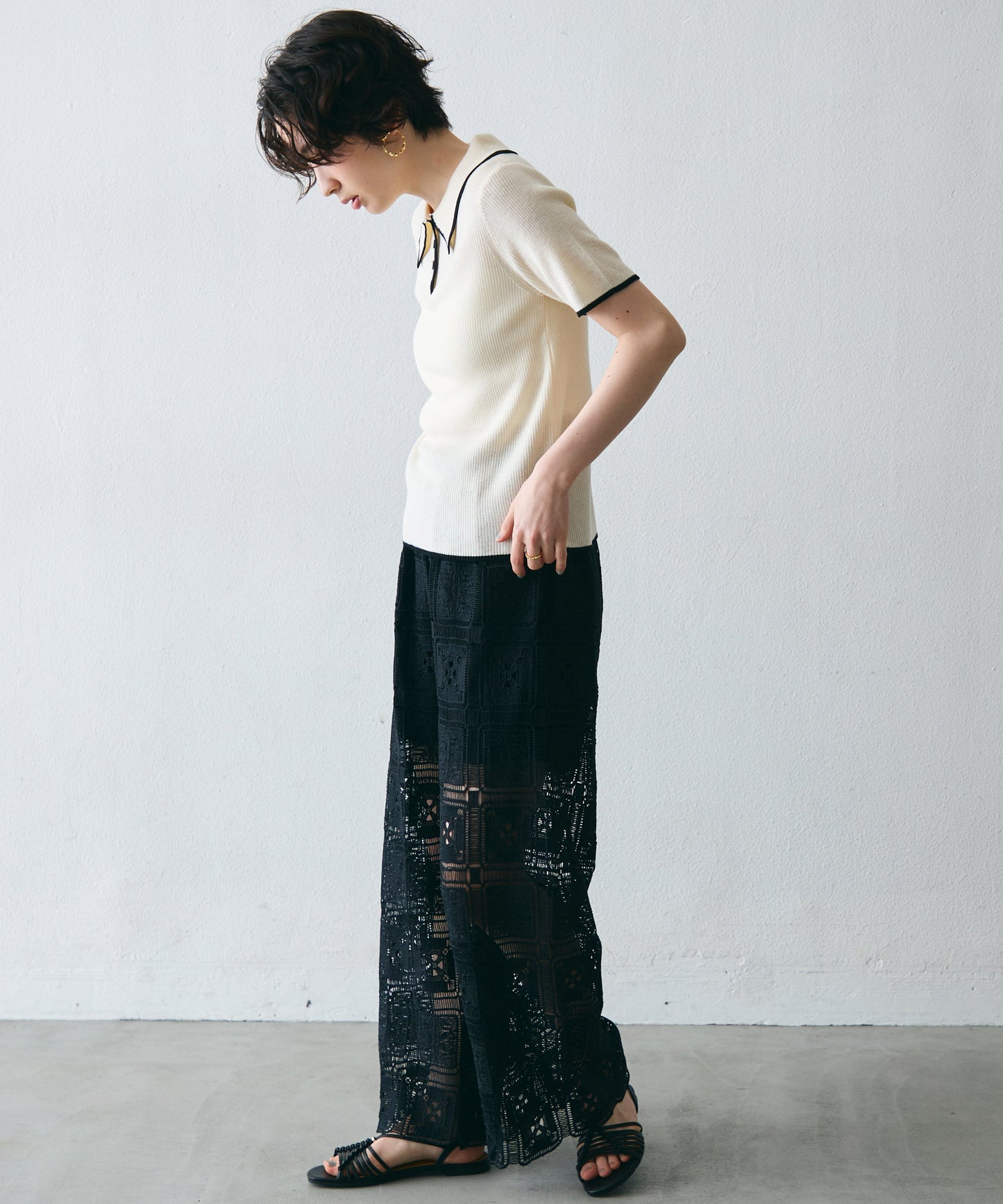 ポロ衿配色トリミング半袖ニット