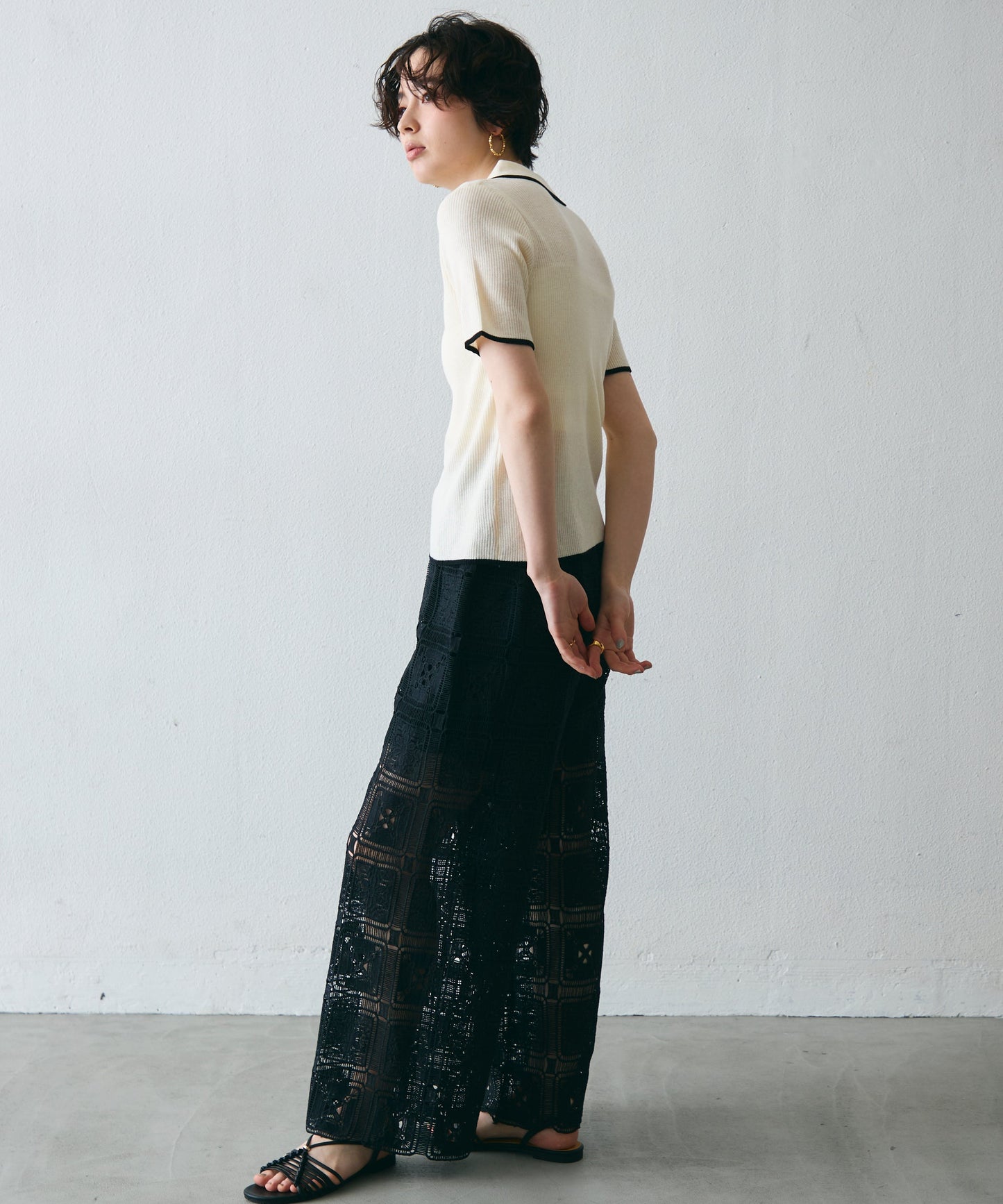 ポロ衿配色トリミング半袖ニット