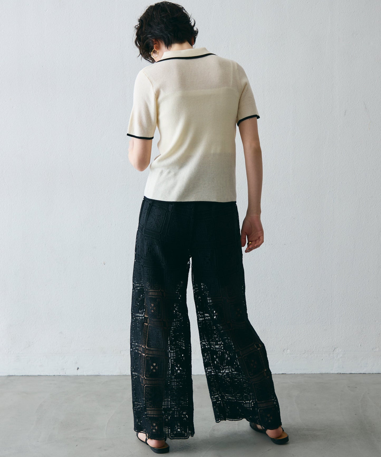 ポロ衿配色トリミング半袖ニット