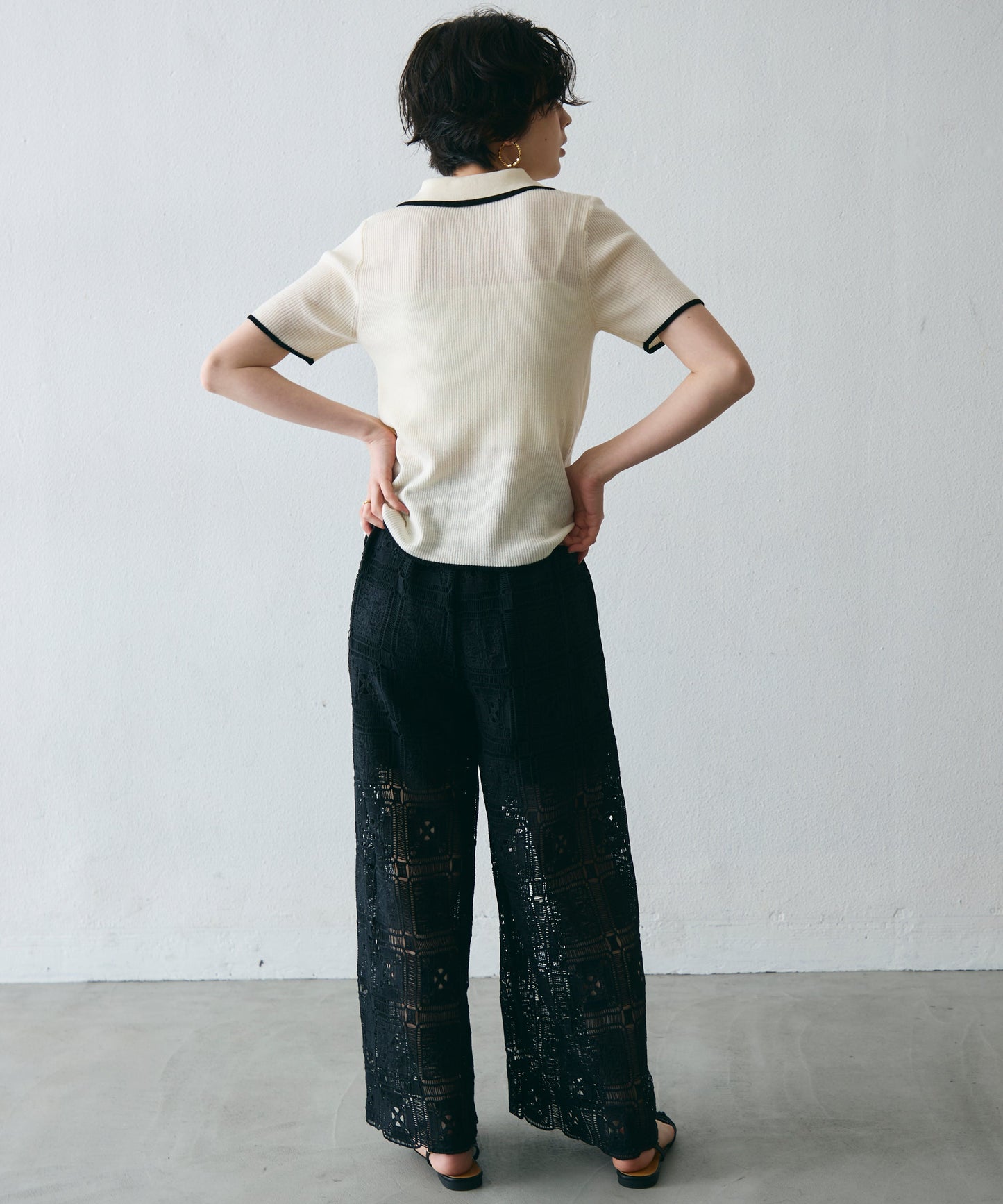 ポロ衿配色トリミング半袖ニット