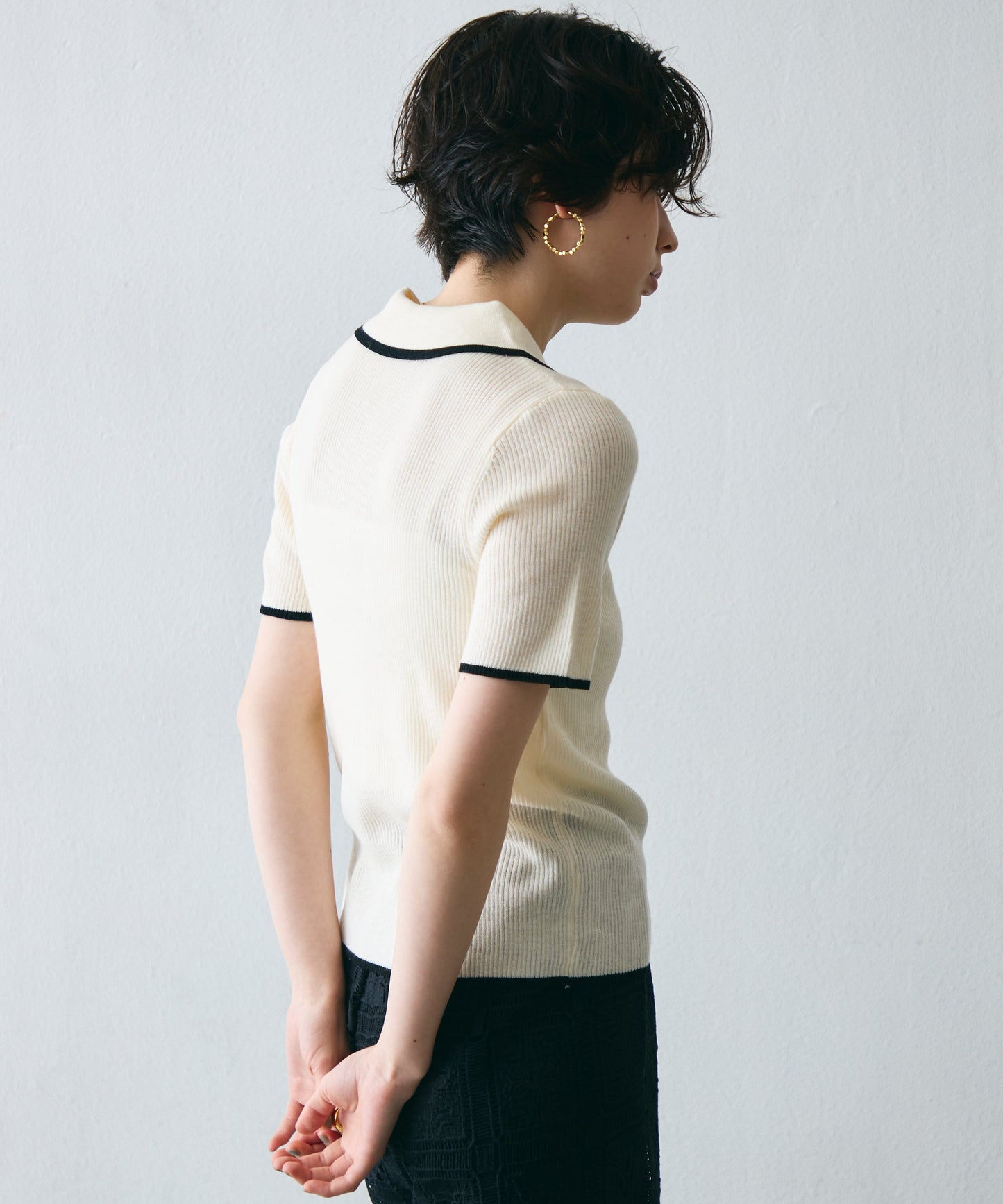 ポロ衿配色トリミング半袖ニット