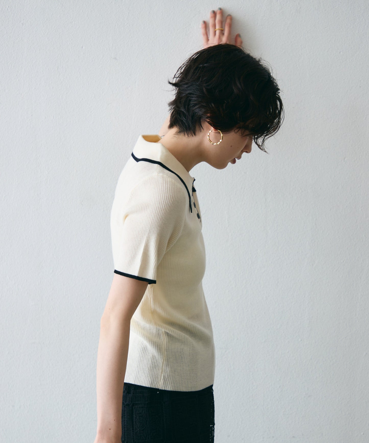 ポロ衿配色トリミング半袖ニット