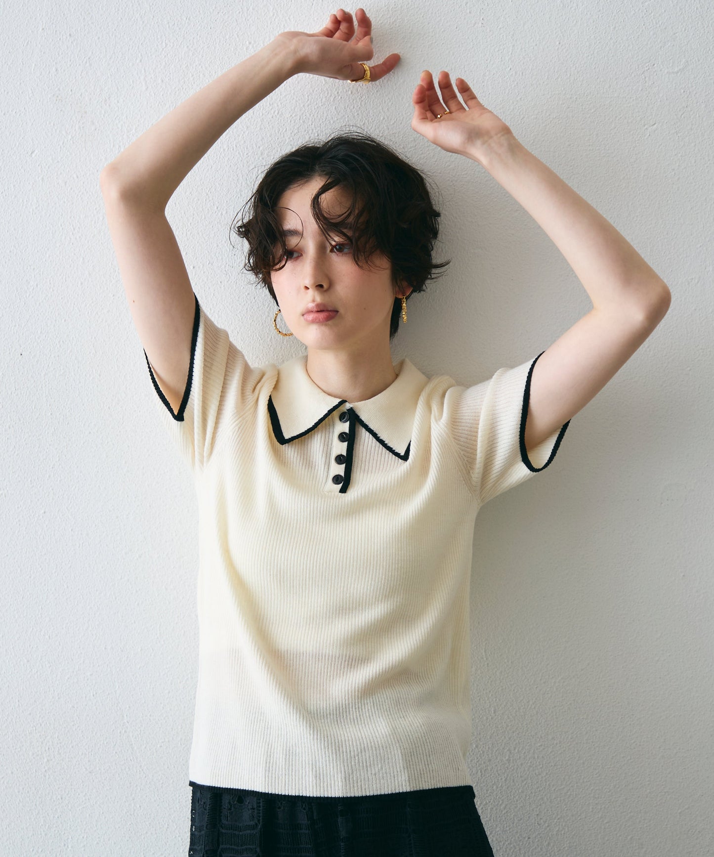 ポロ衿配色トリミング半袖ニット