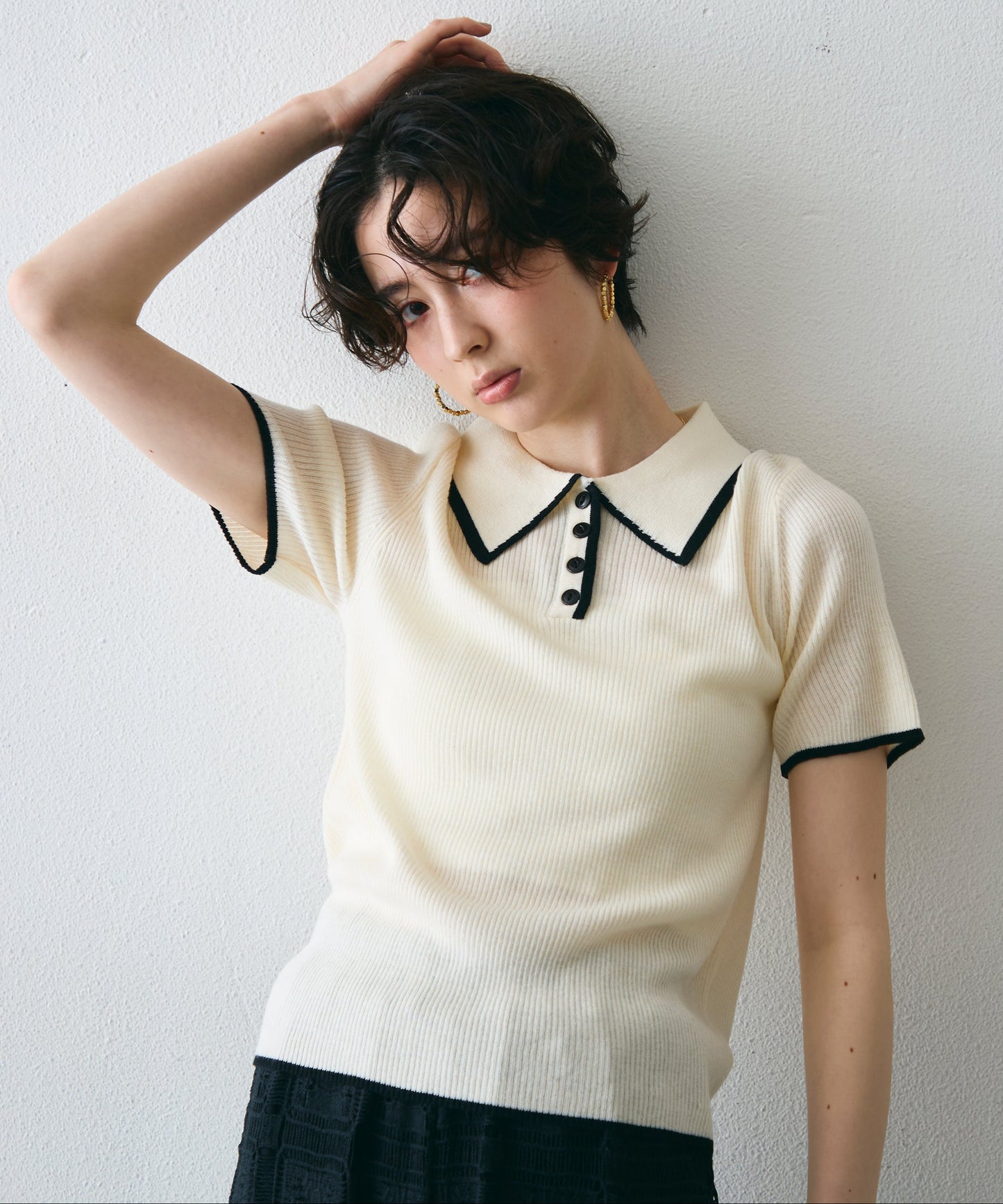 ポロ衿配色トリミング半袖ニット