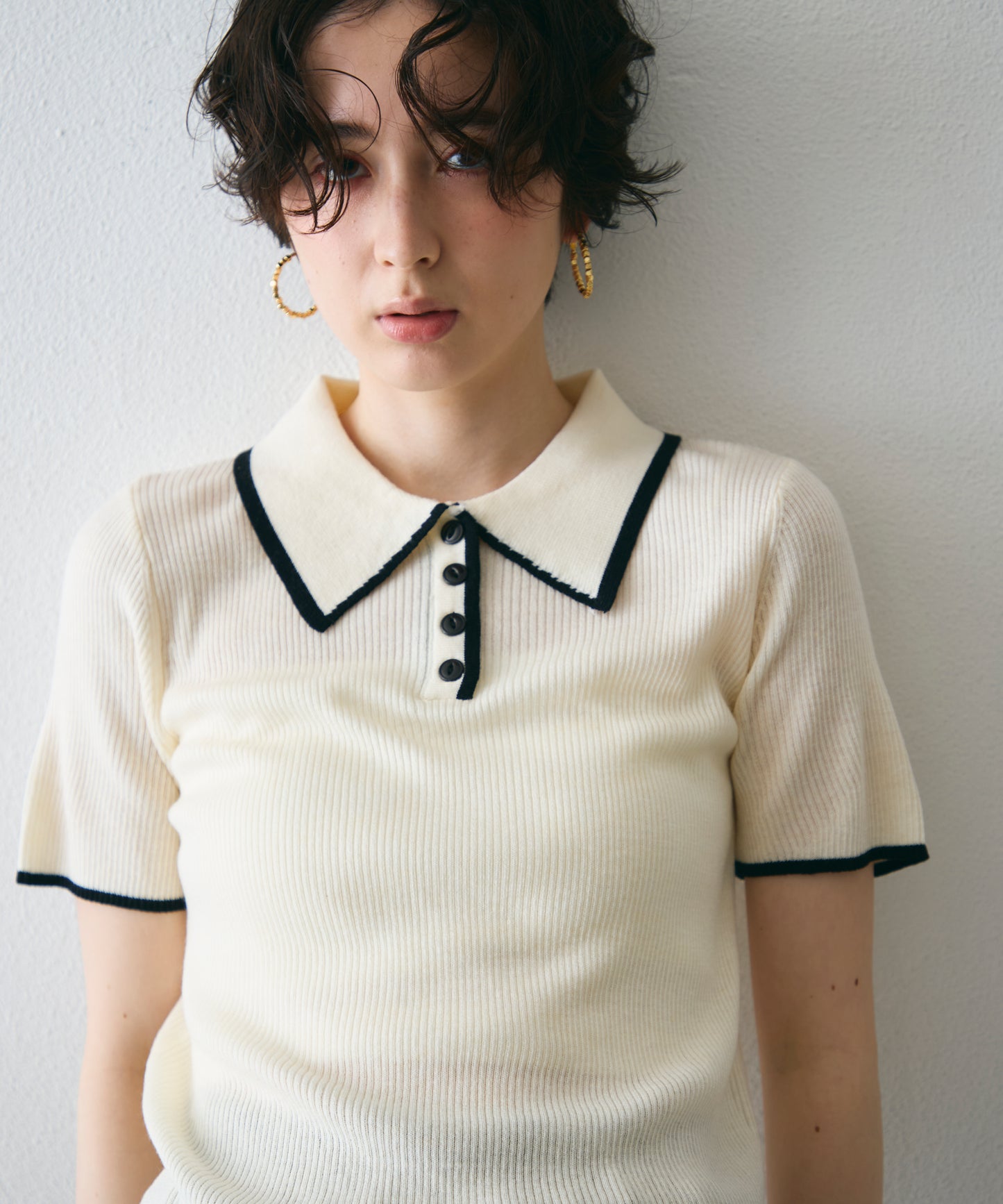 ポロ衿配色トリミング半袖ニット