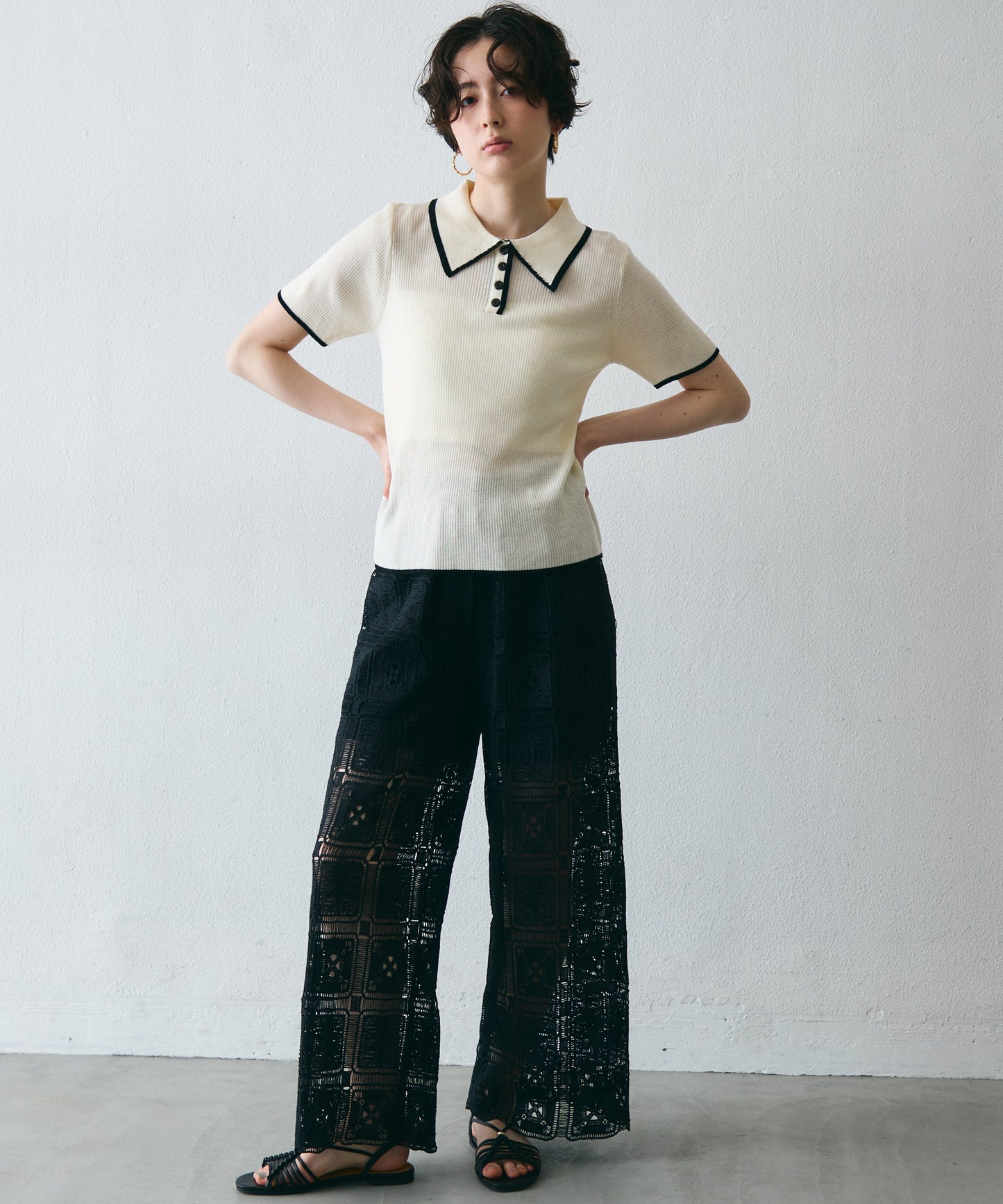 ポロ衿配色トリミング半袖ニット