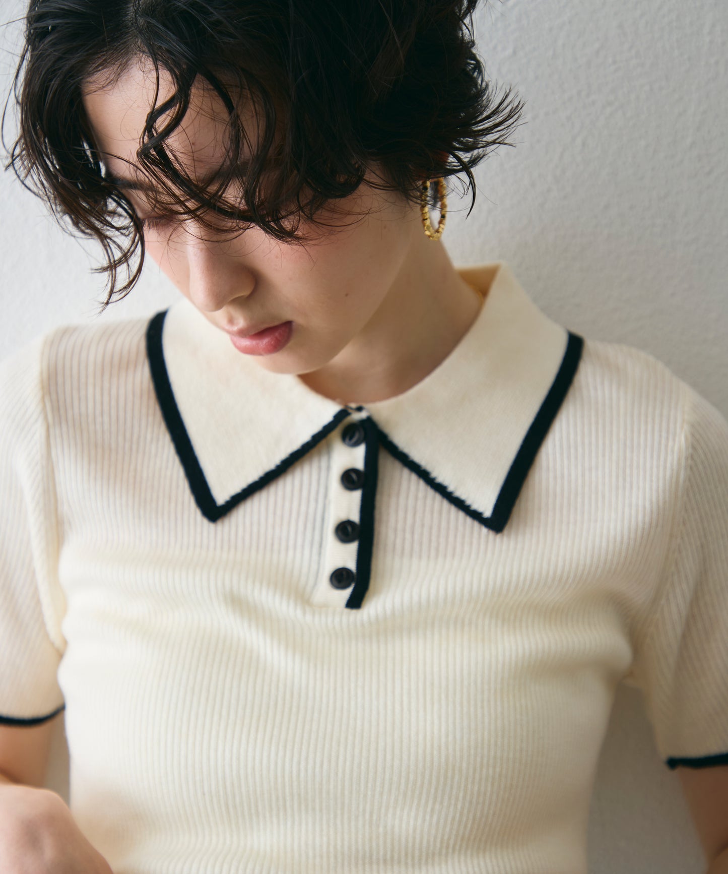 ポロ衿配色トリミング半袖ニット