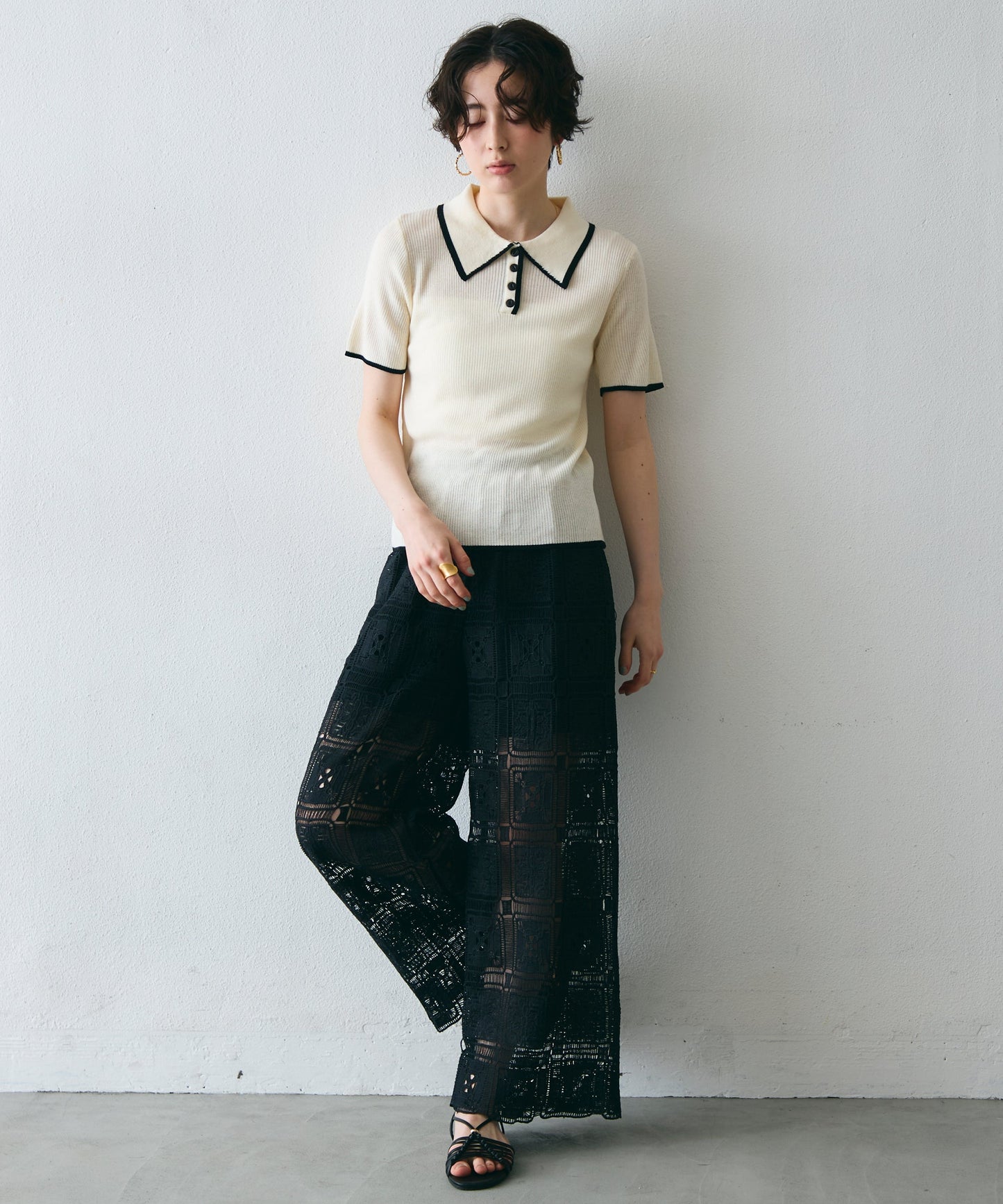 ポロ衿配色トリミング半袖ニット