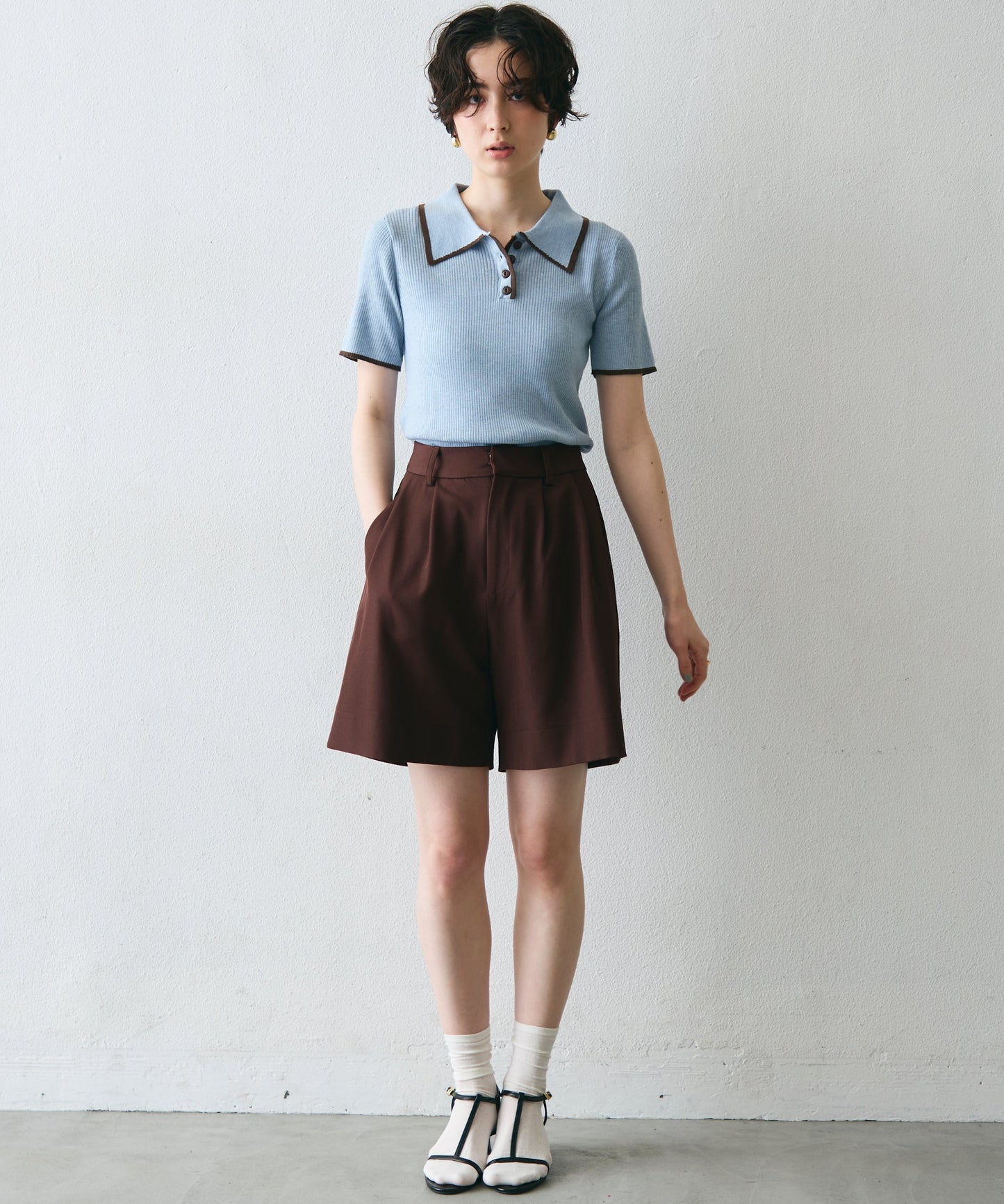 ポロ衿配色トリミング半袖ニット