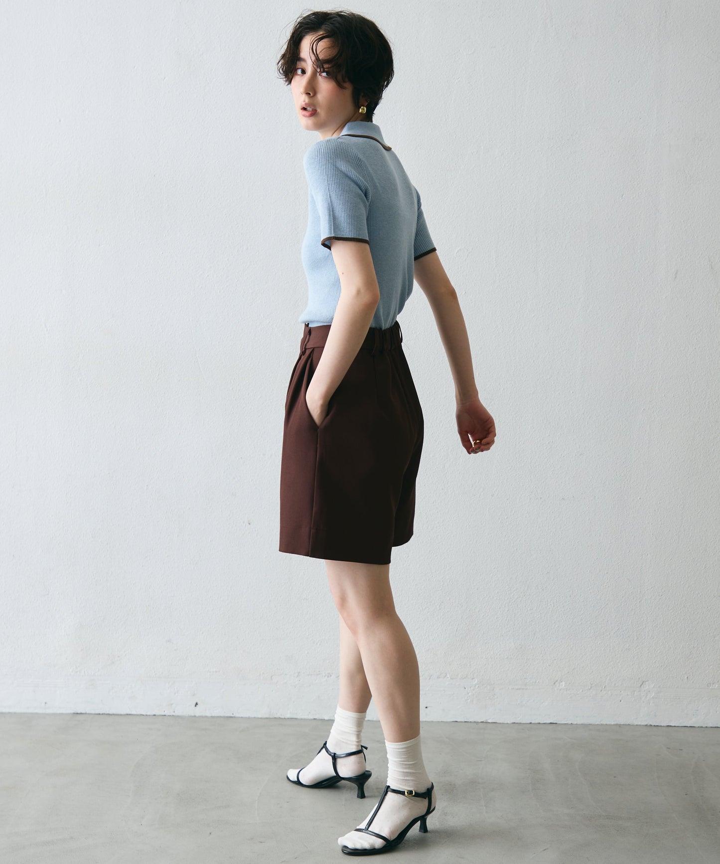 ポロ衿配色トリミング半袖ニット