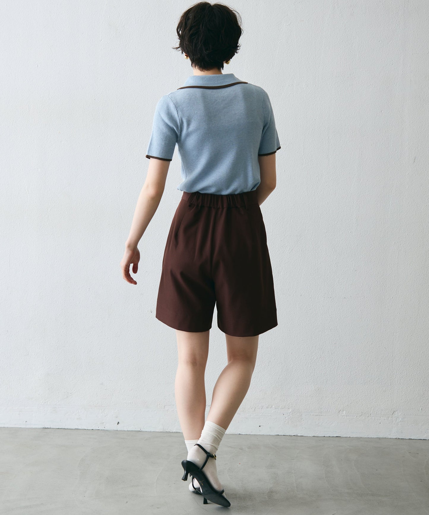 ポロ衿配色トリミング半袖ニット