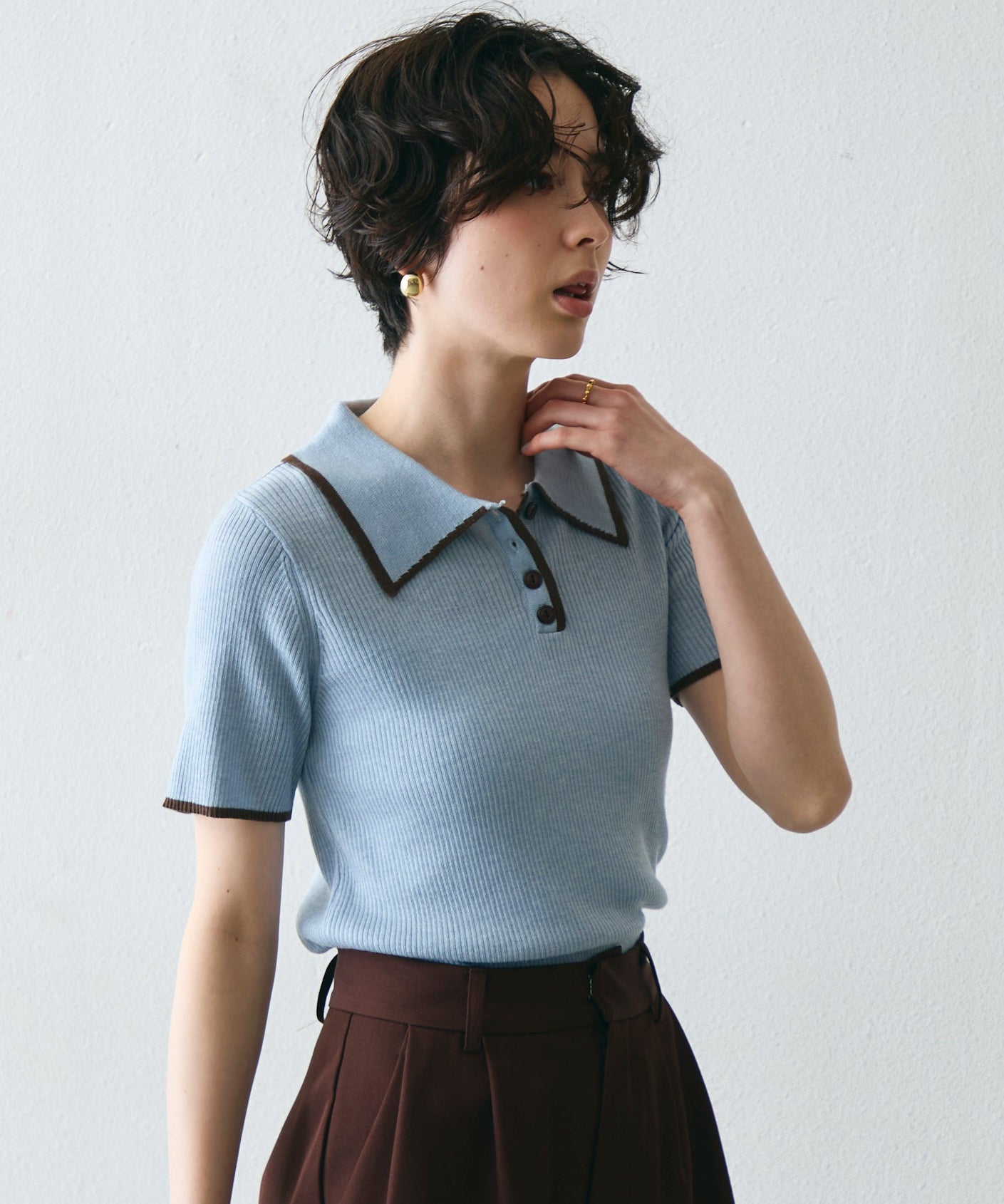 ポロ衿配色トリミング半袖ニット