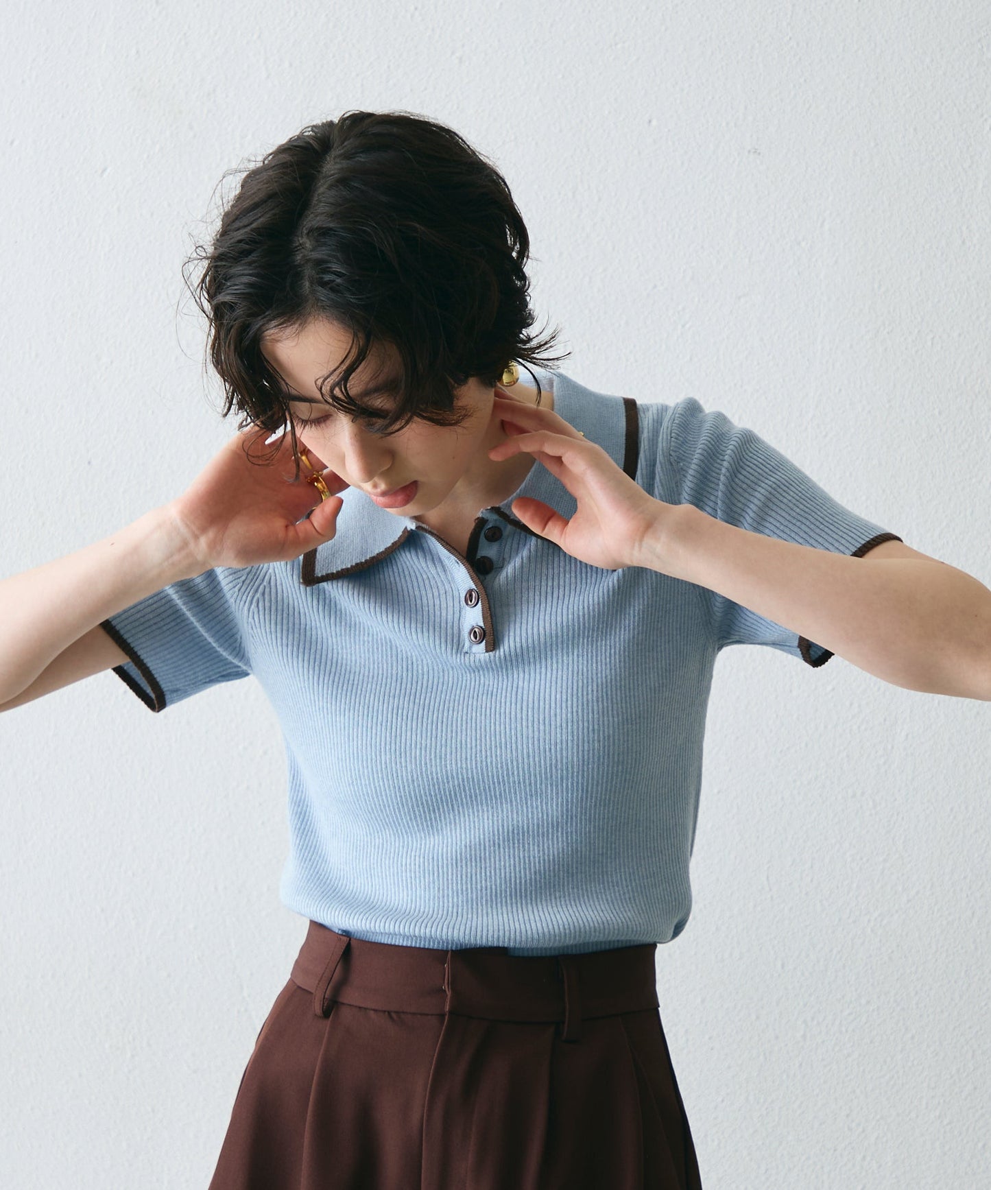 ポロ衿配色トリミング半袖ニット