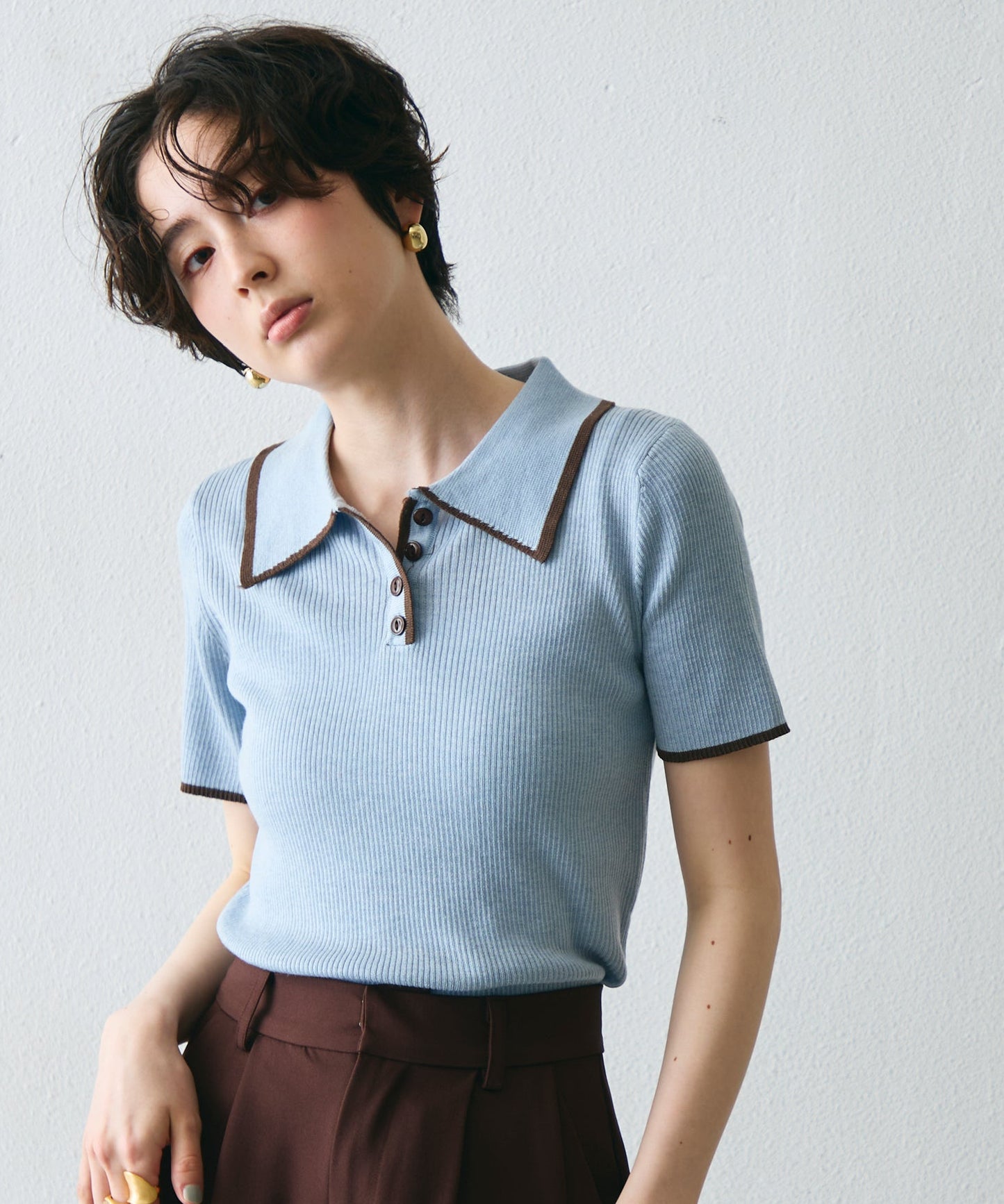 ポロ衿配色トリミング半袖ニット