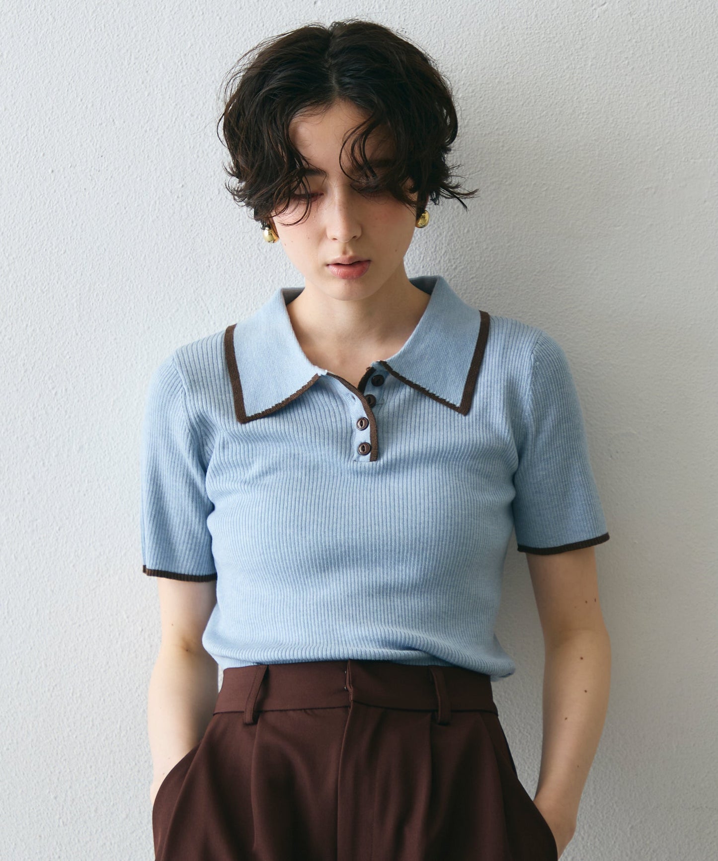 ポロ衿配色トリミング半袖ニット