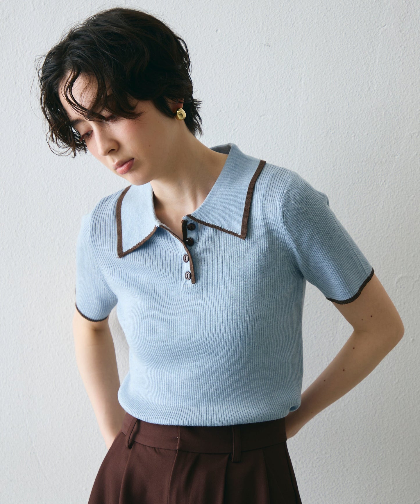 ポロ衿配色トリミング半袖ニット