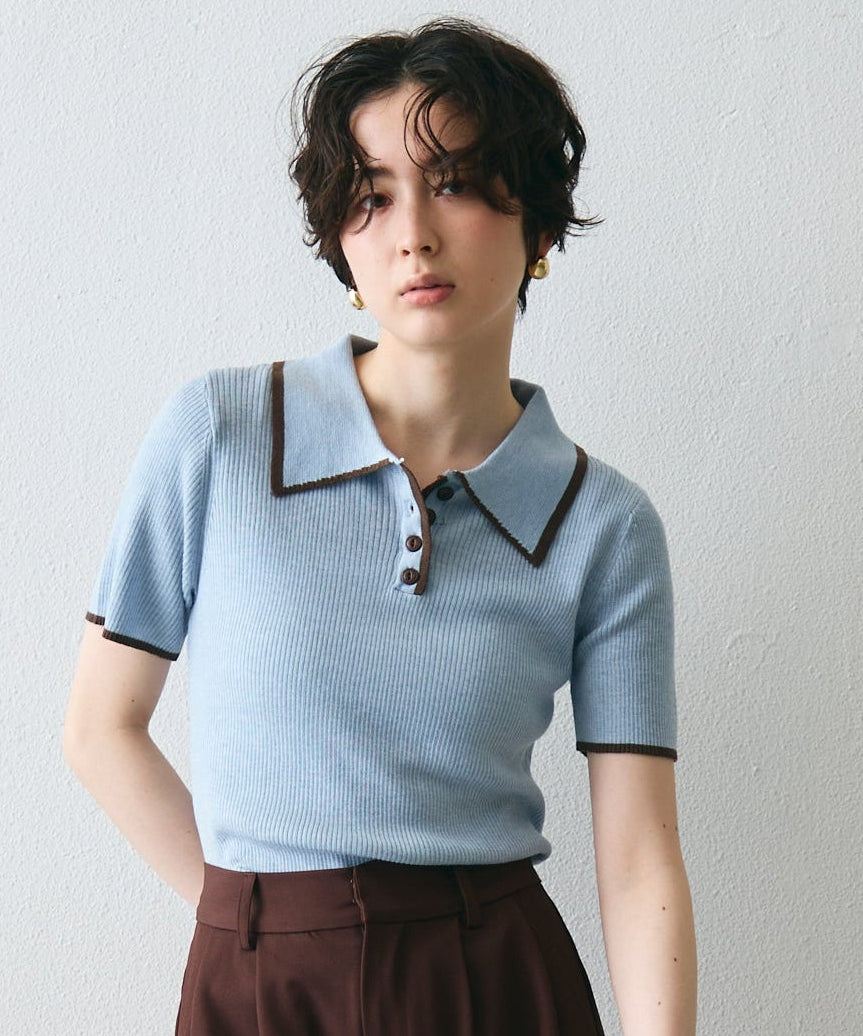 ポロ衿配色トリミング半袖ニット