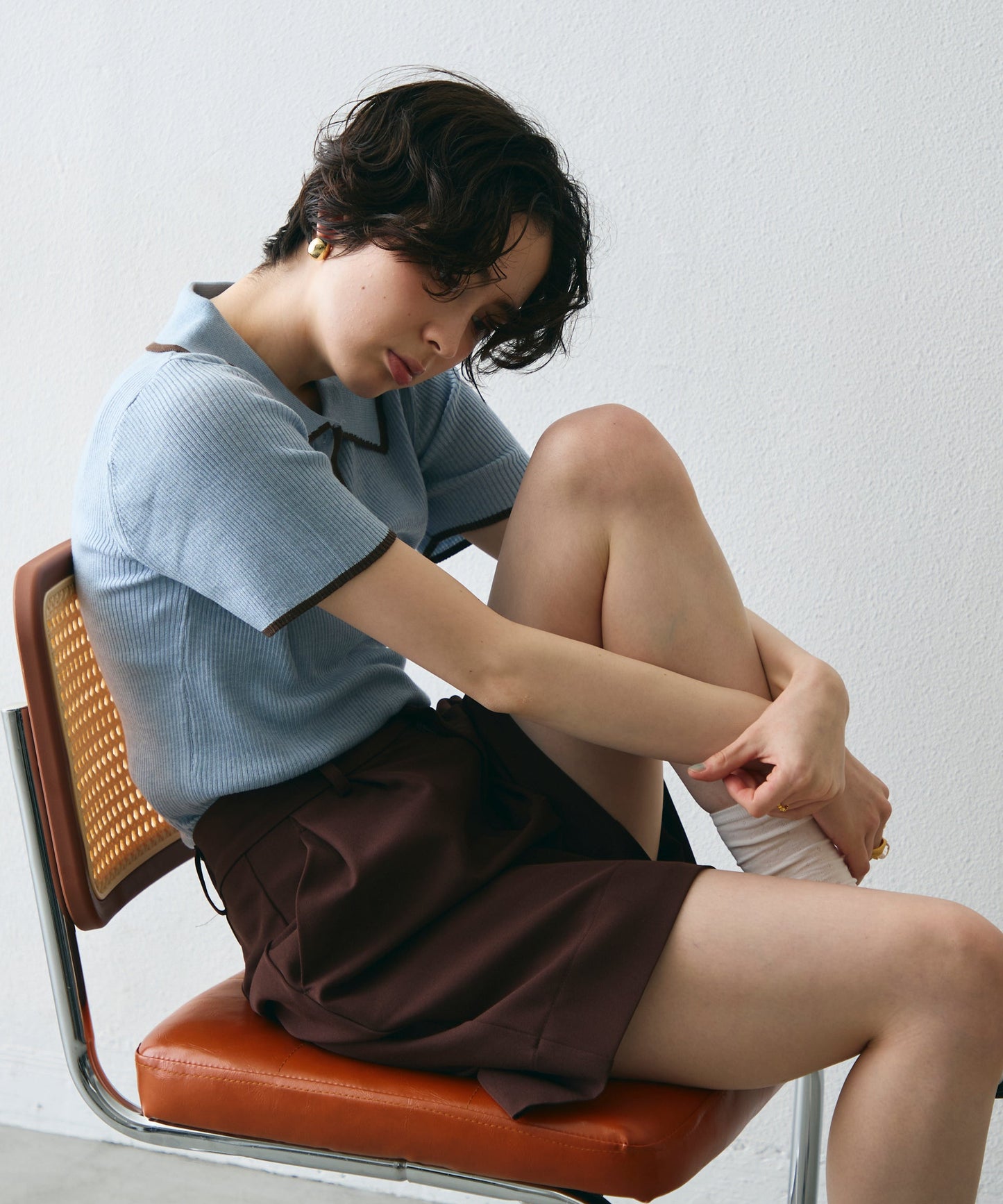 ポロ衿配色トリミング半袖ニット