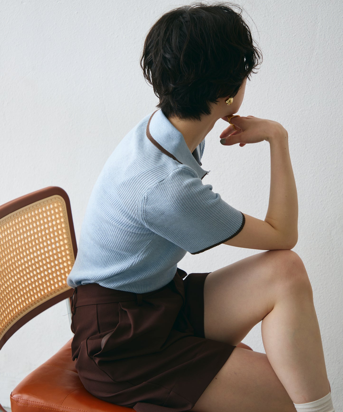 ポロ衿配色トリミング半袖ニット