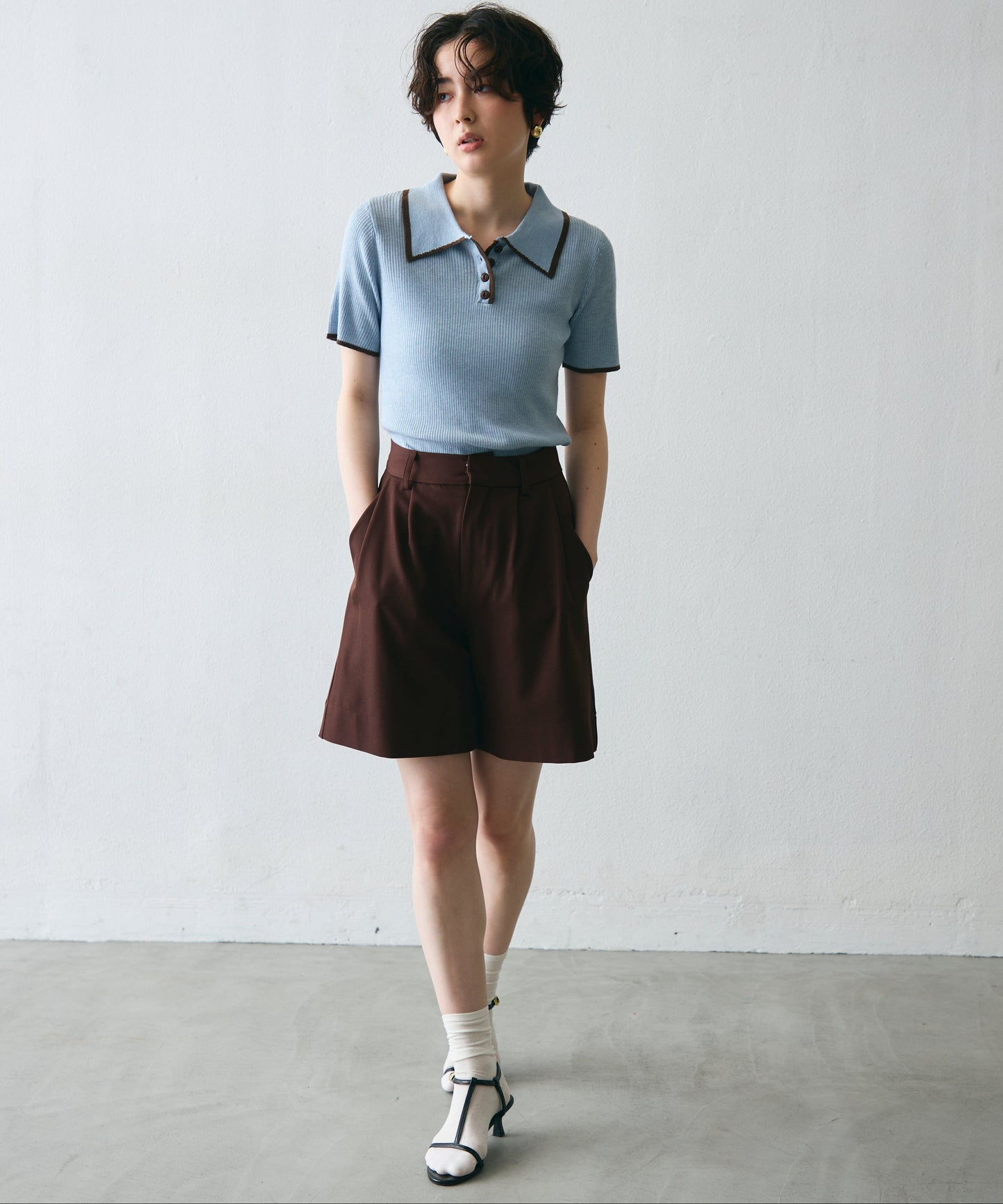 ポロ衿配色トリミング半袖ニット