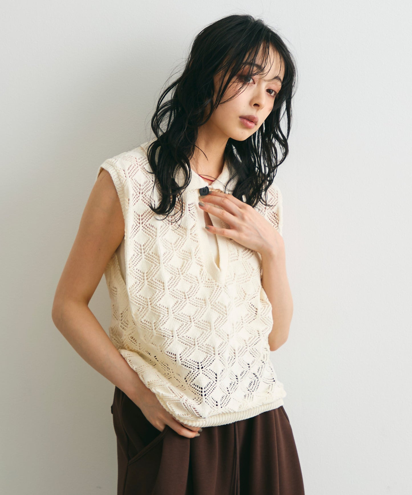 ジャガードポロ衿ノースリニット