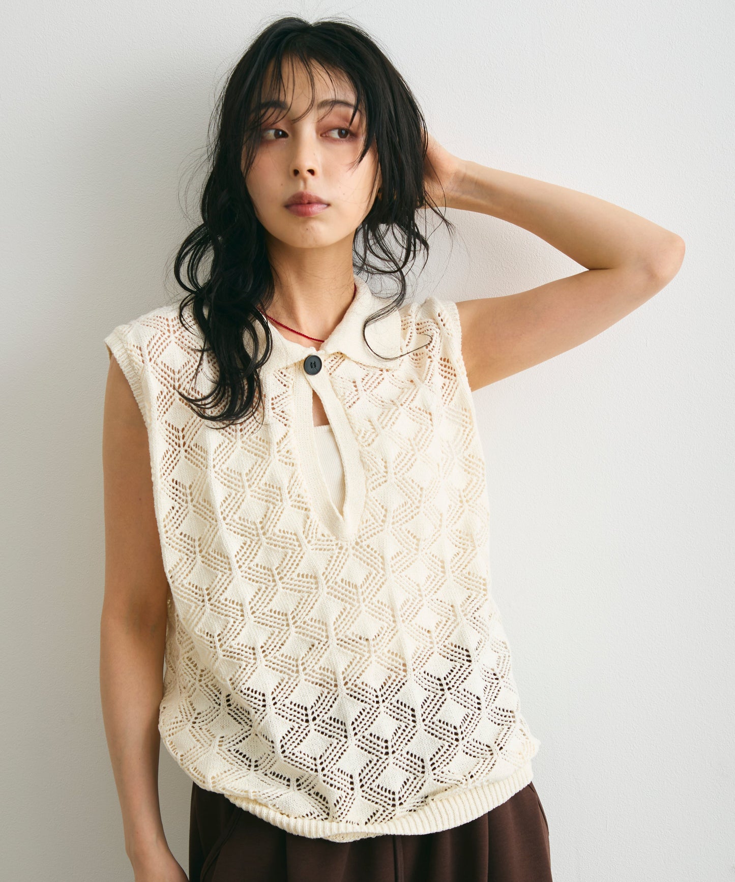 ジャガードポロ衿ノースリニット