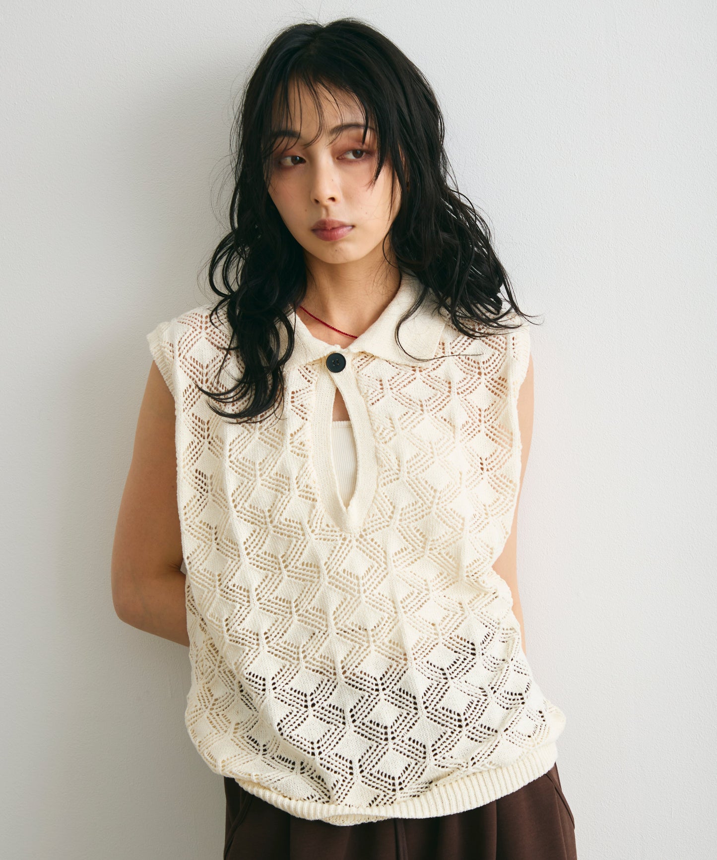 ジャガードポロ衿ノースリニット